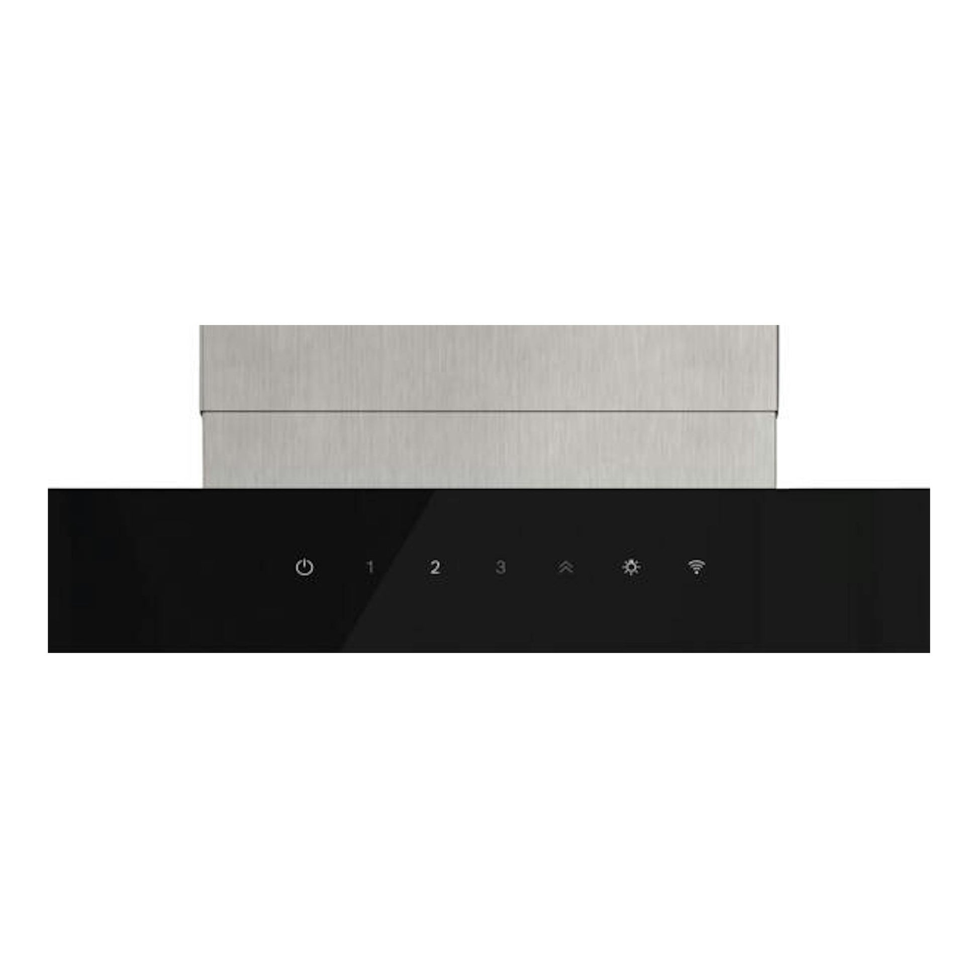 Campana decorativa Bosch DWB97DN30 en inox, vista frontal parcial con panel táctil negro.