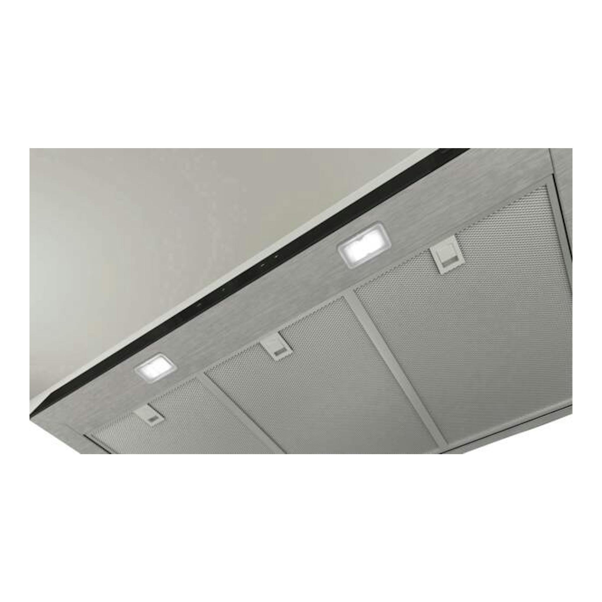 Campana decorativa Bosch DWB97DN30 de acero inoxidable, vista inferior con filtros y dos luces.