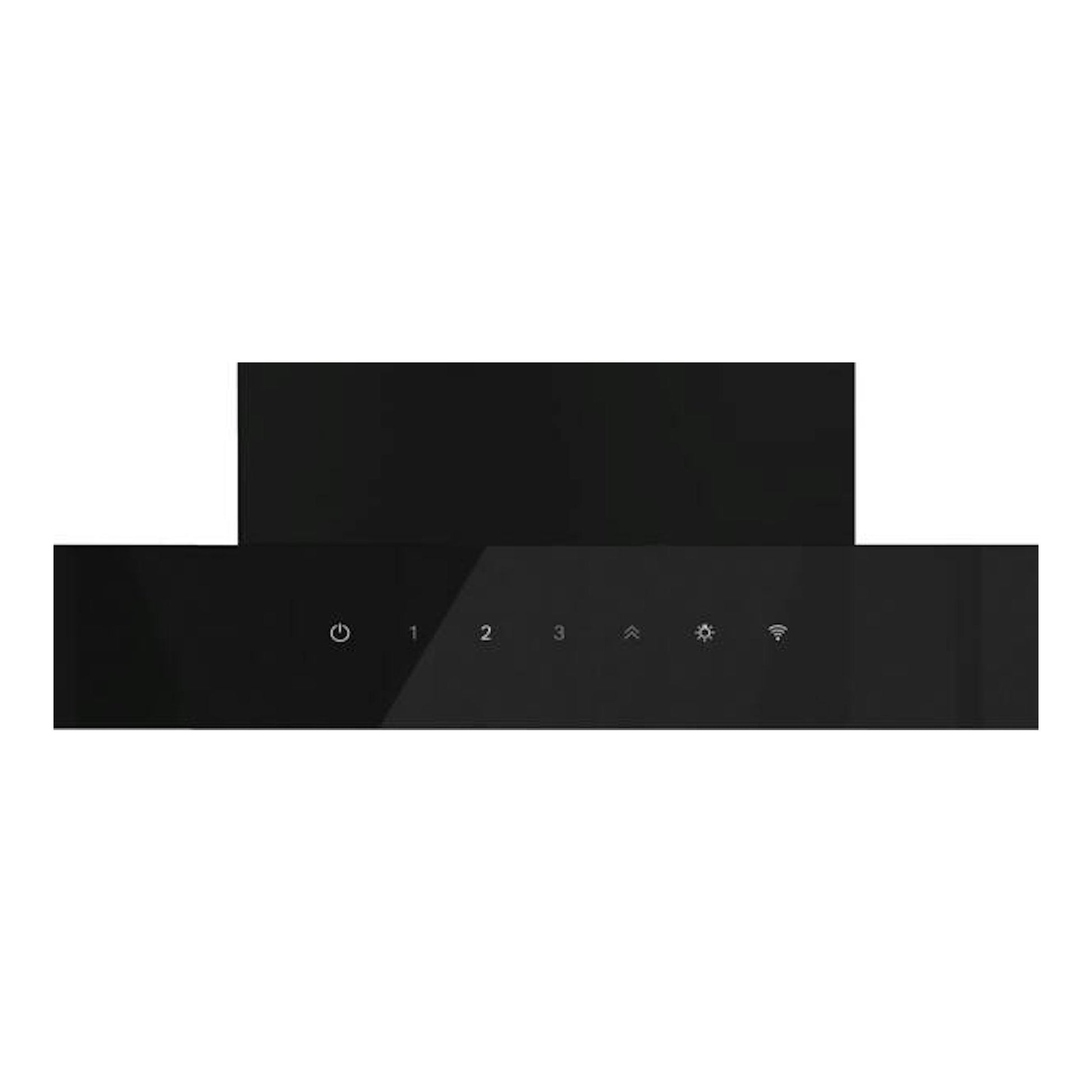 Campana decorativa Bosch DWB97DN60 negra mate, vista frontal del panel táctil con botones e iconos.