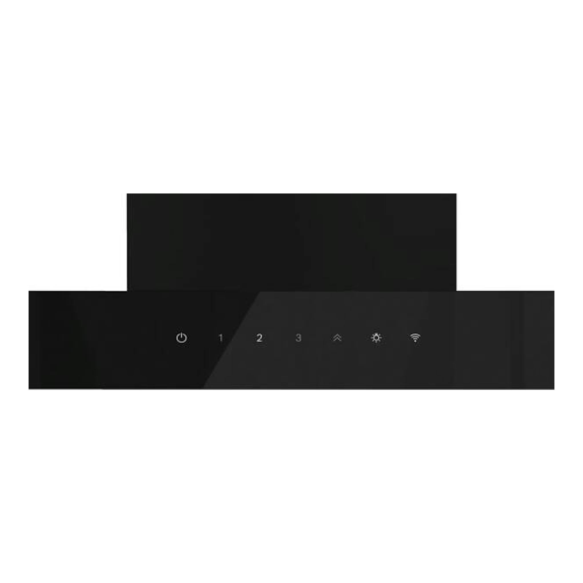 Campana decorativa Bosch DWB97DN60 negra mate, vista frontal del panel táctil con botones e iconos.
