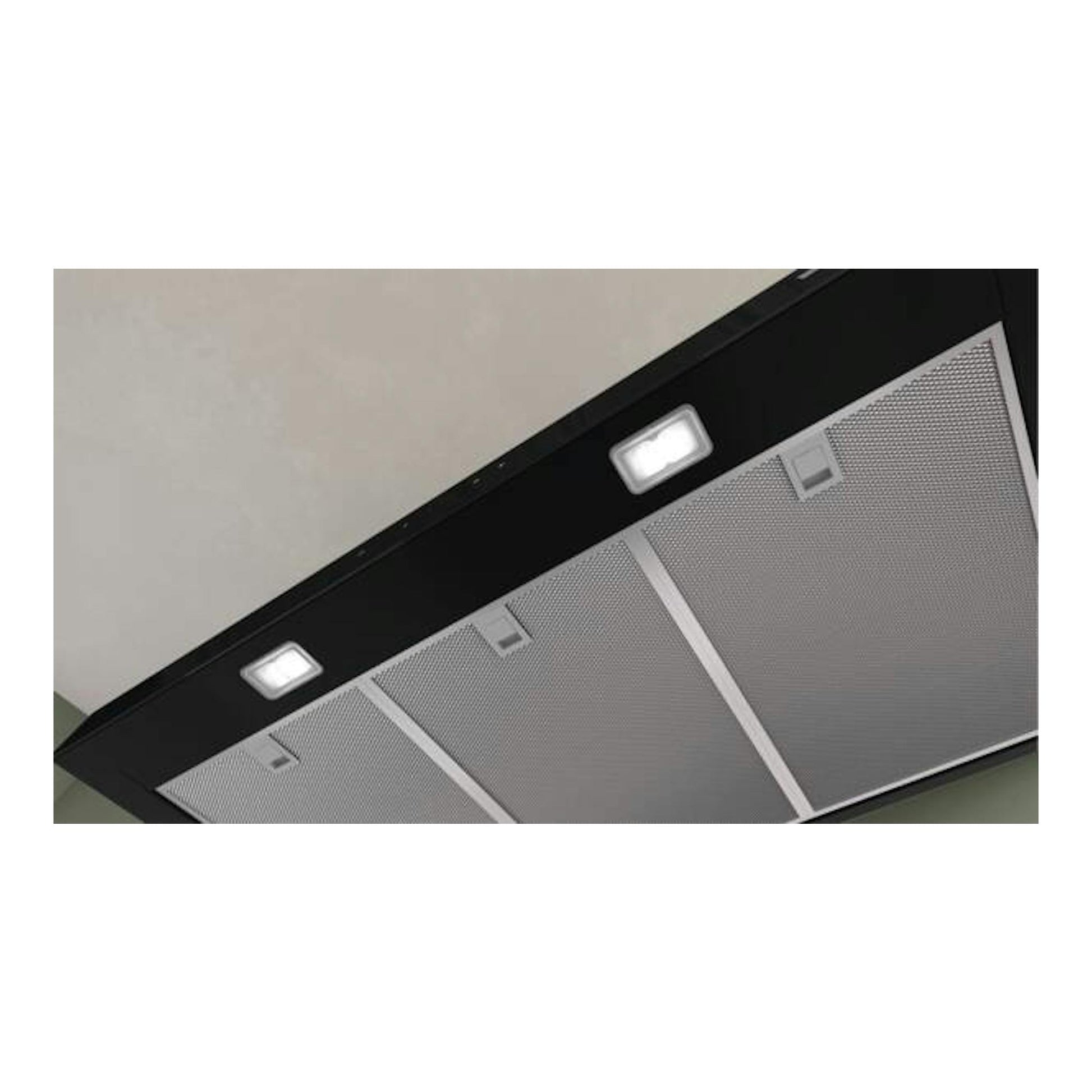 Campana extractora Bosch DWB97DN60 en negro mate, vista inferior con filtros metálicos y dos luces LED.