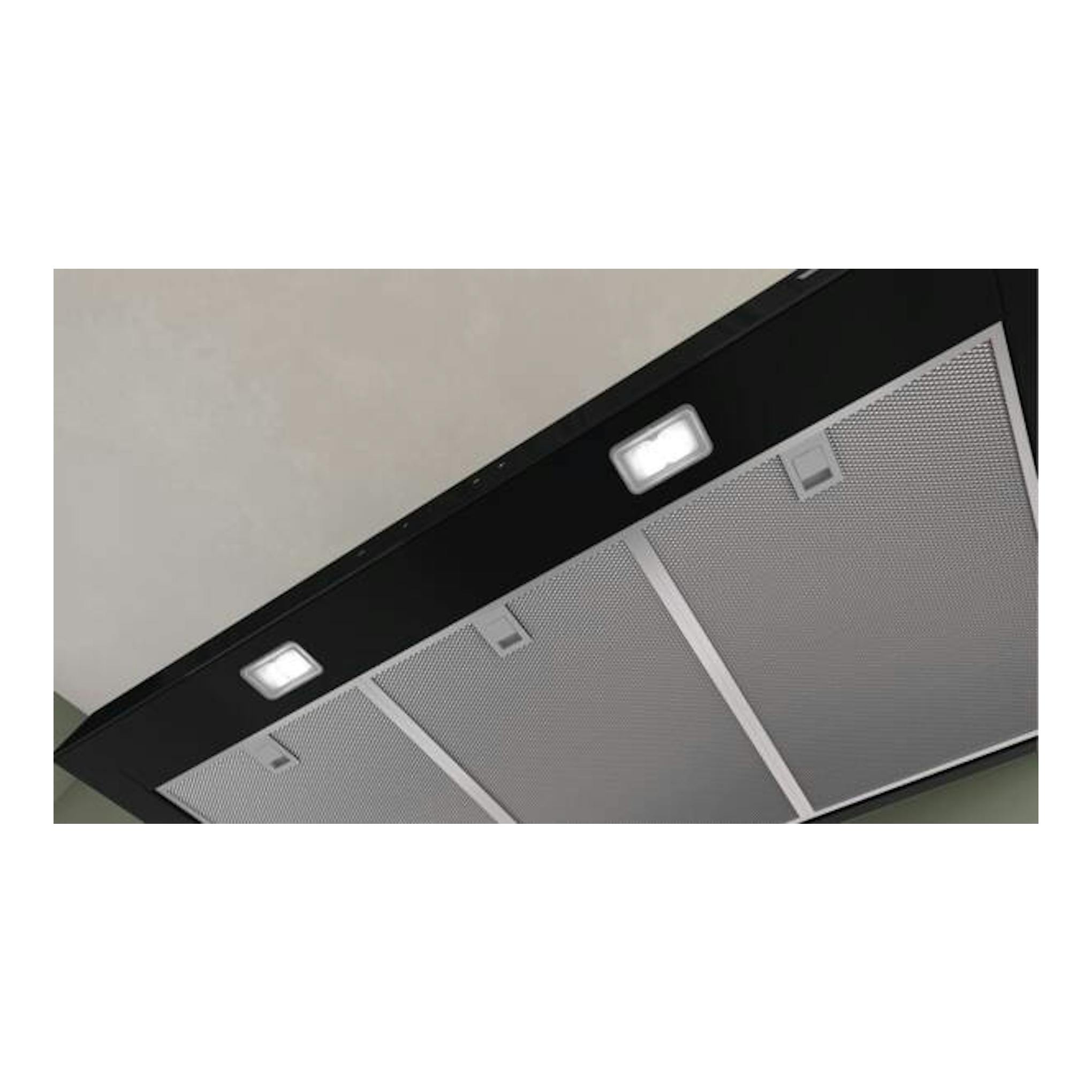 Campana extractora Bosch DWB97DN60 en negro mate, vista inferior con filtros metálicos y dos luces LED.