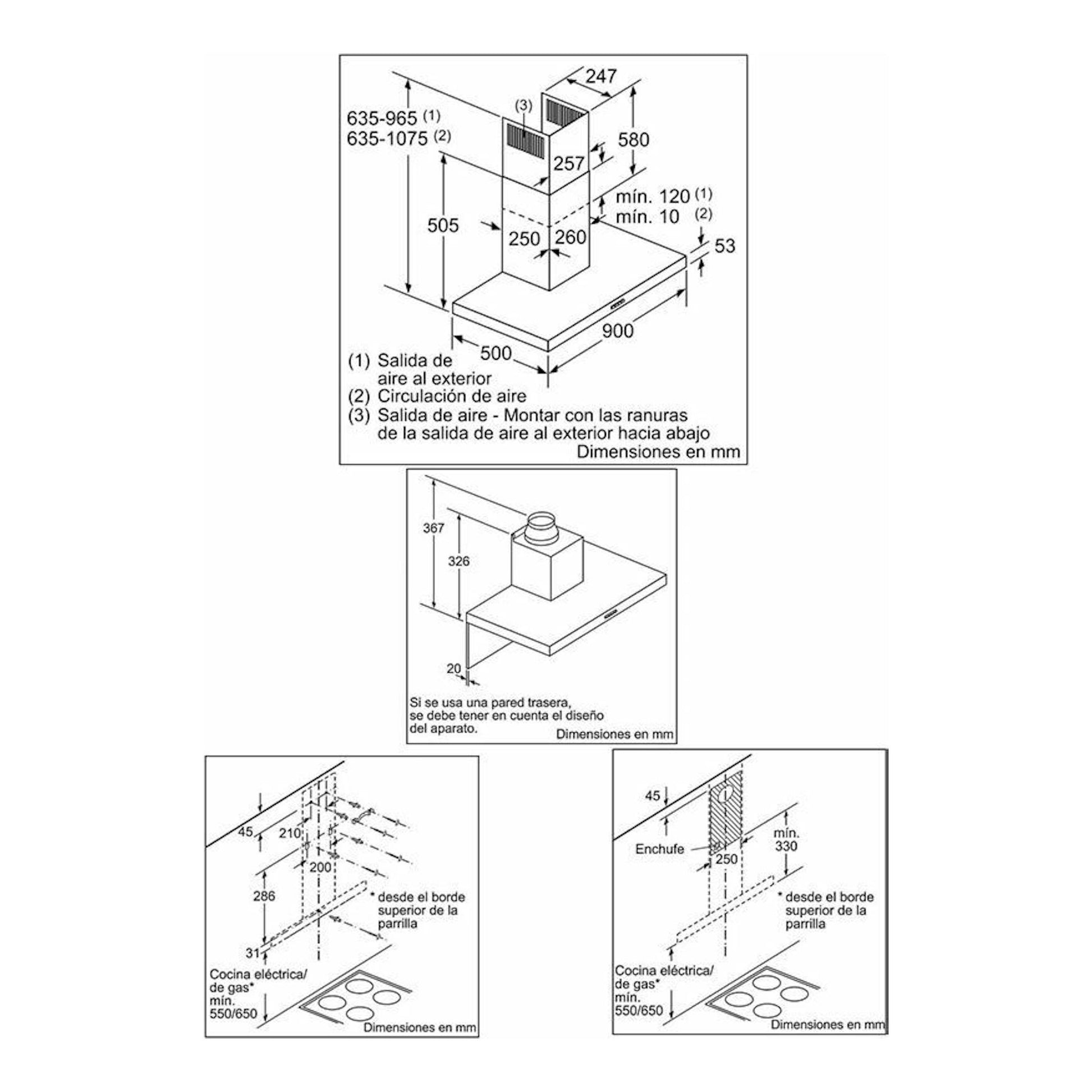 Bosch DWB97IM50 Inox: esquema técnico de instalación de campana decorativa, con vistas y medidas en mm.