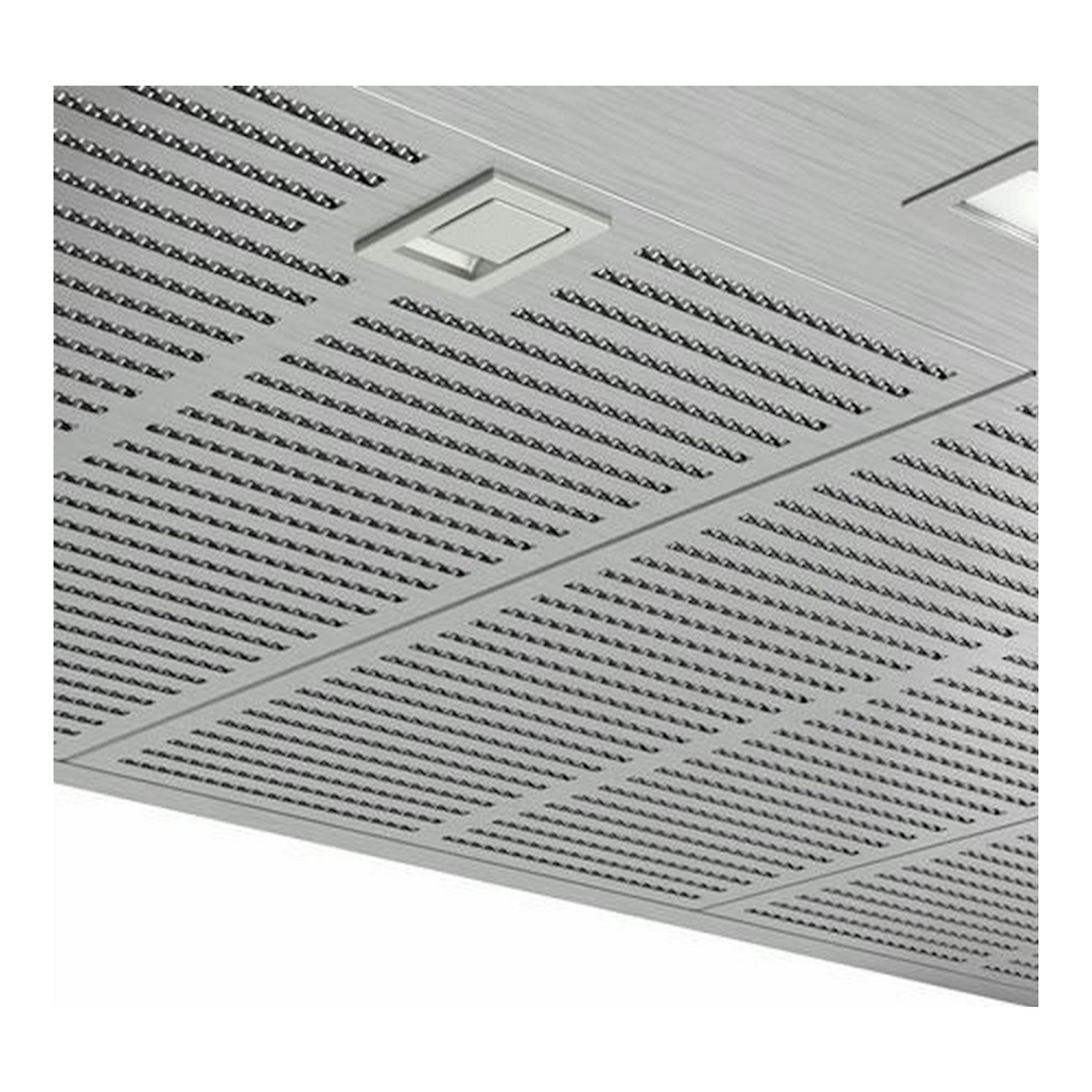 Campana extractora Bosch DWB97IM50 inox, vista inferior en acero inoxidable con paneles y filtros perforados.