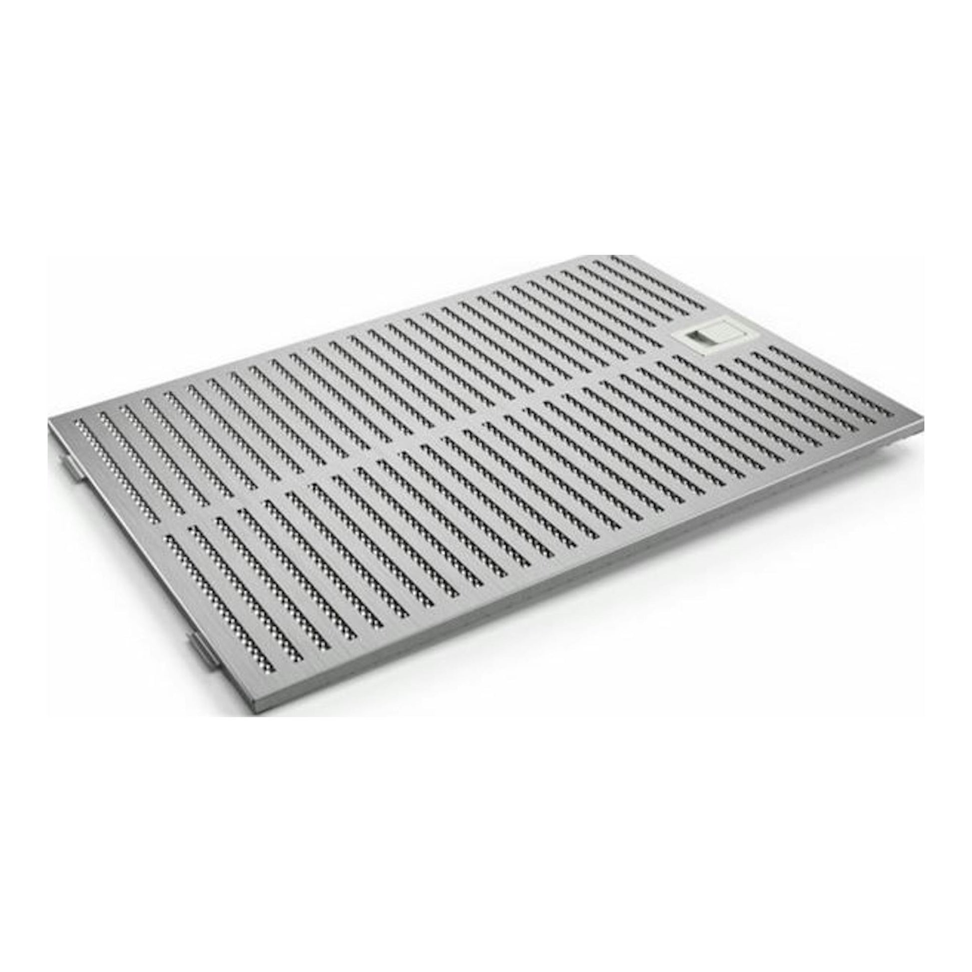 Bosch DWB97IM50: panel/filtro metálico inox perforado, vista en perspectiva sobre fondo blanco.