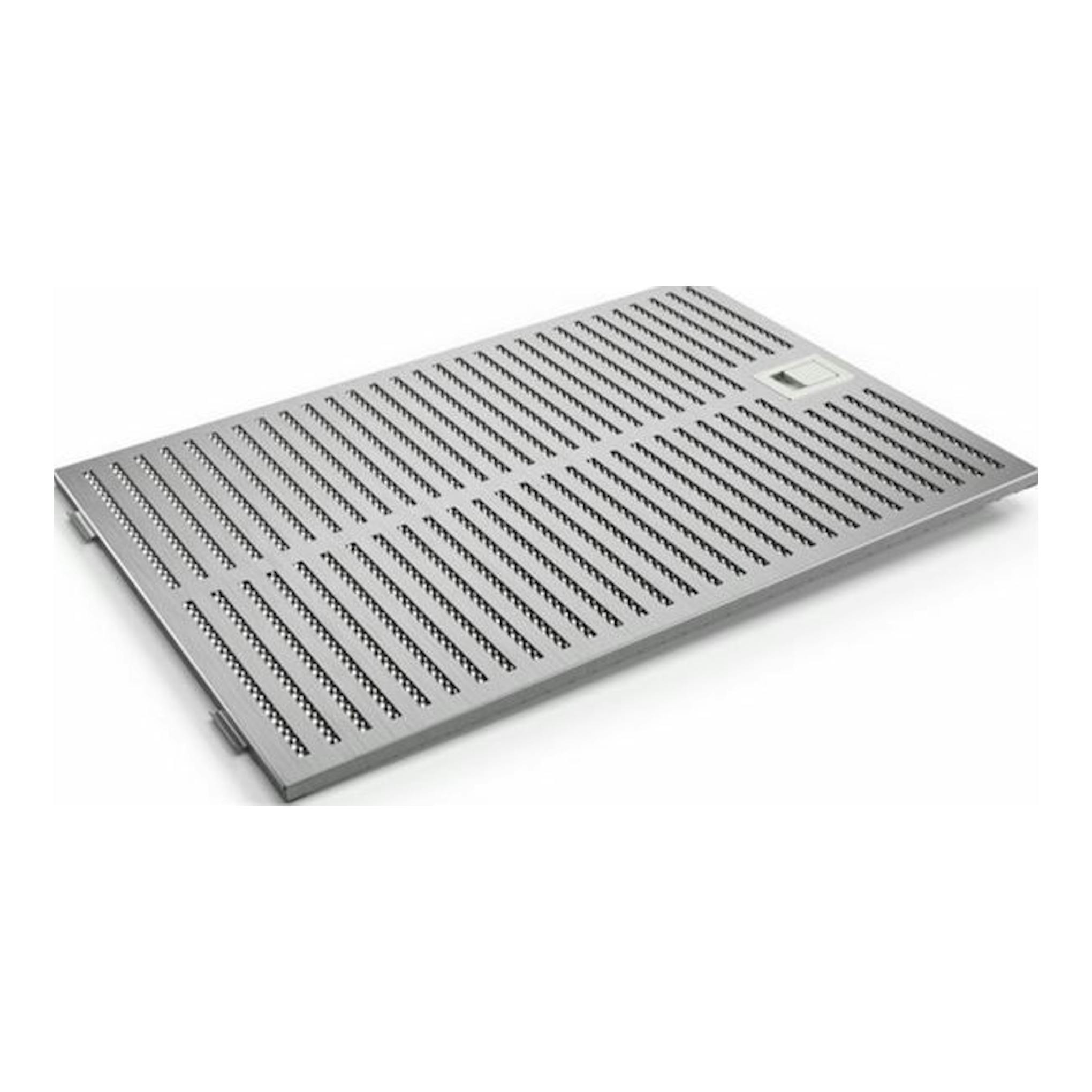 Bosch DWB97IM50: panel/filtro metálico inox perforado, vista en perspectiva sobre fondo blanco.