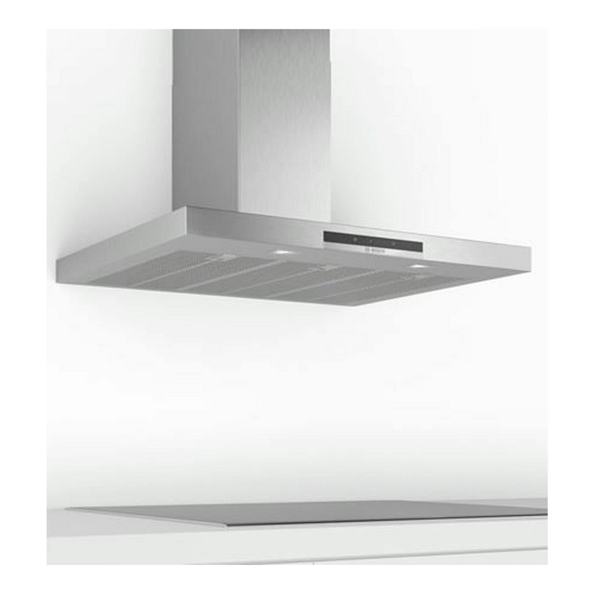Campana decorativa Bosch DWB97IM50 inox, vista frontal inferior, acabado acero inoxidable.