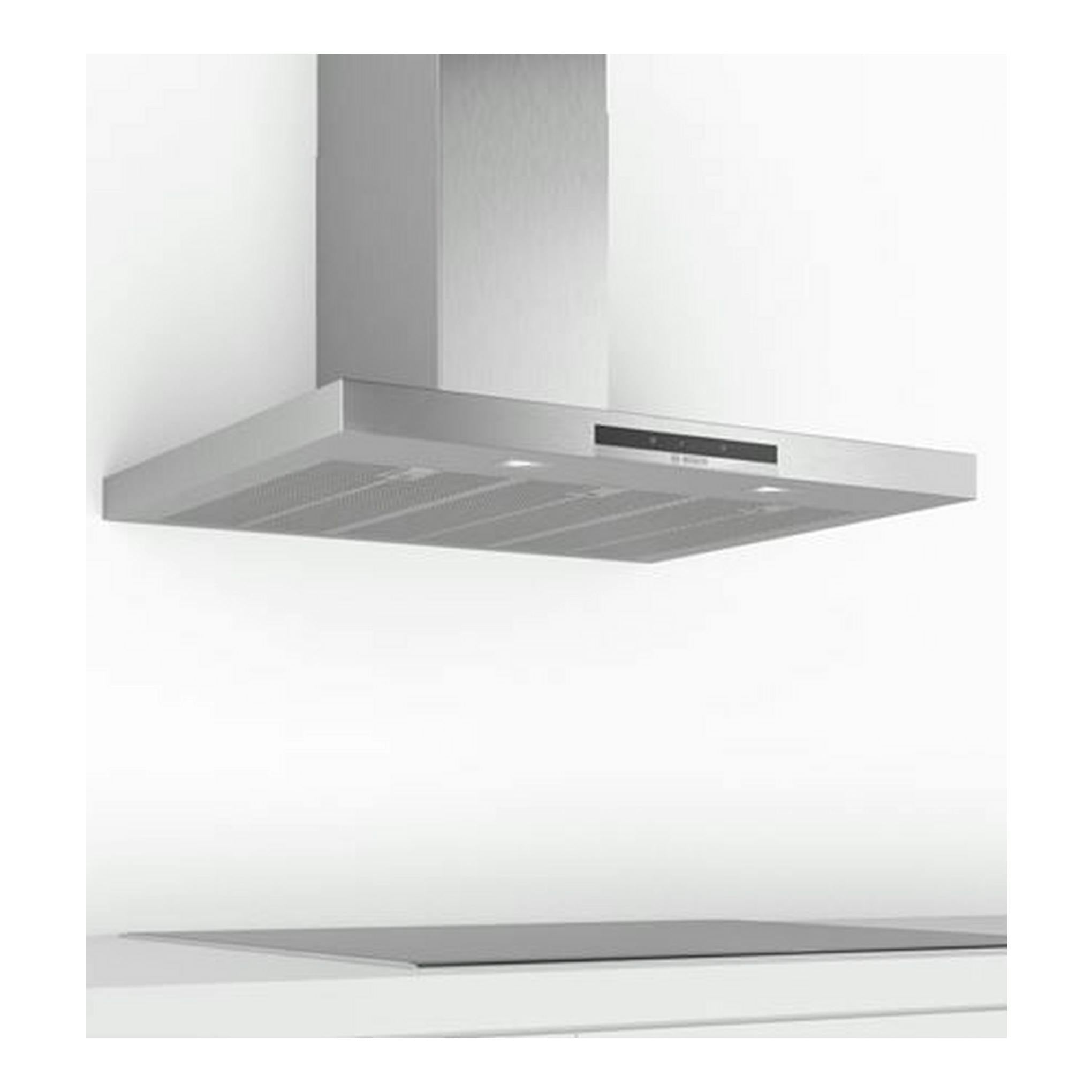 Campana decorativa Bosch DWB97IM50 inox, vista frontal inferior, acabado acero inoxidable.