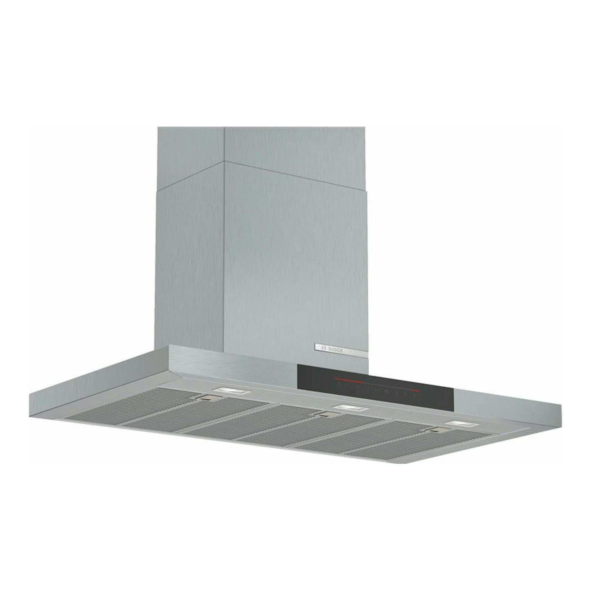 Campana decorativa Bosch DWB97JP50 inox, vista frontal en ángulo, acero inoxidable con panel negro.