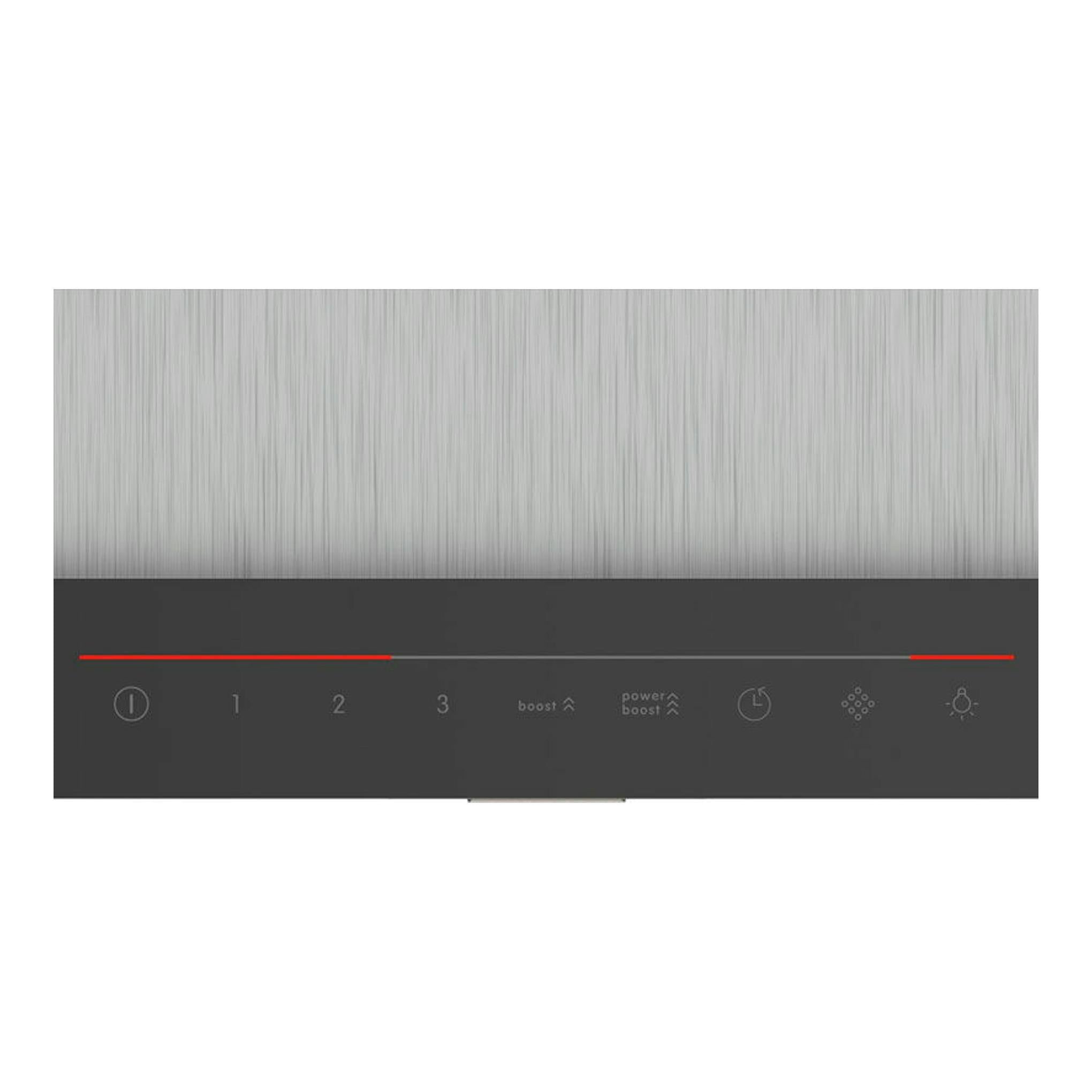Campana decorativa Bosch DWB97JP50 inox, vista frontal, panel negro con controles táctiles y líneas rojas.