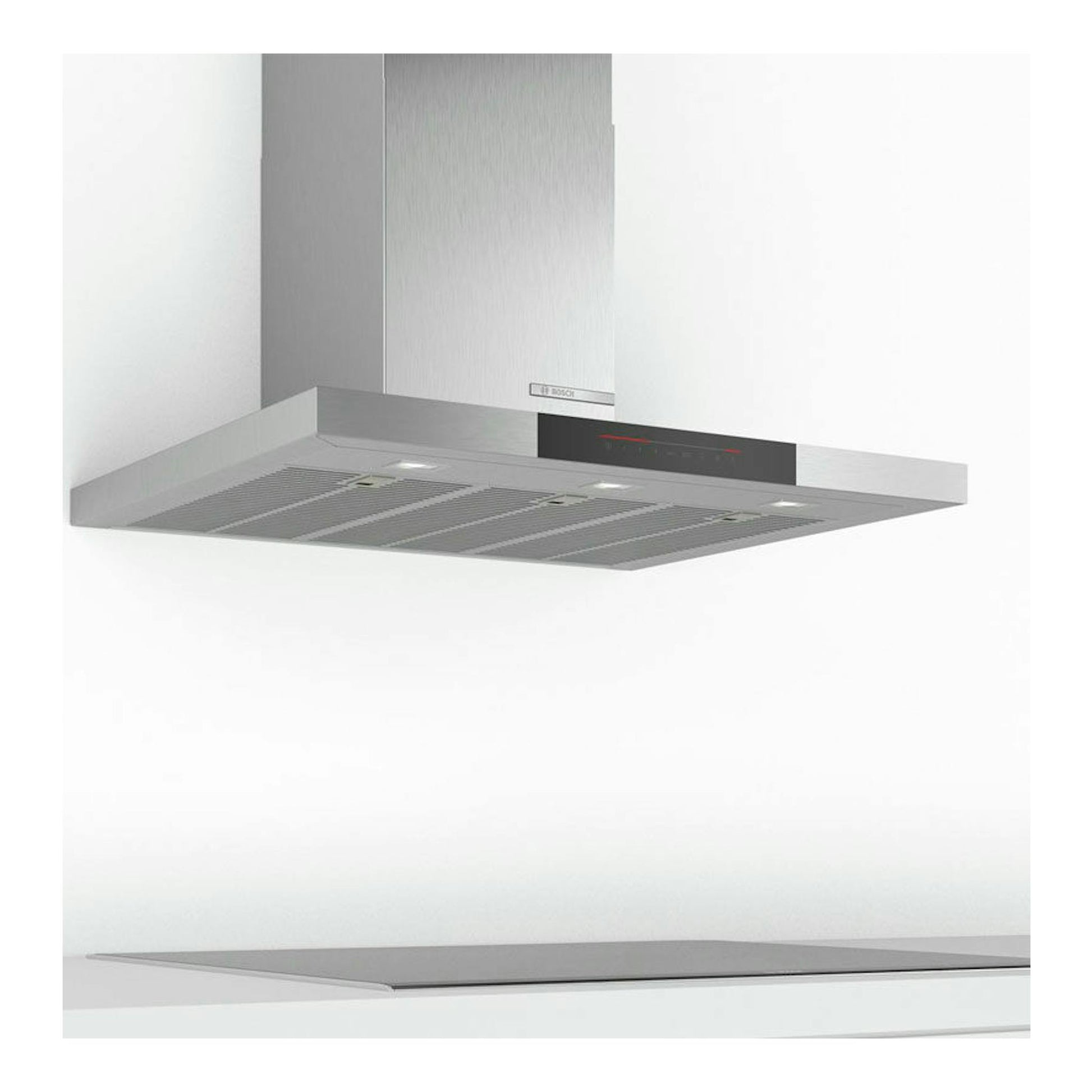Campana decorativa Bosch DWB97JP50 de acero inoxidable, vista frontal inferior, sobre una cocina.