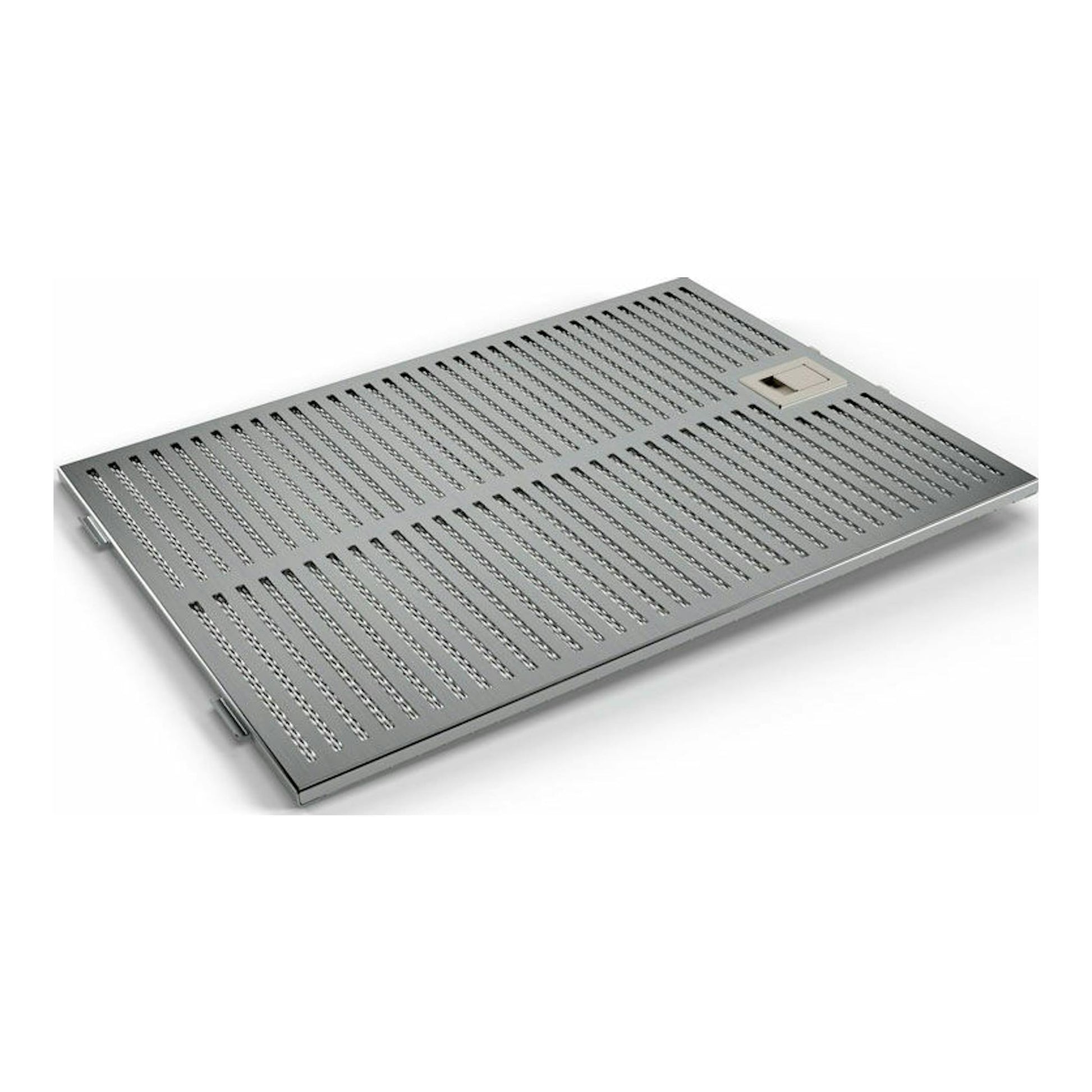 Bosch DWB97JP50 Inox: panel metálico perforado de campana extractora, vista en ángulo sobre fondo blanco.