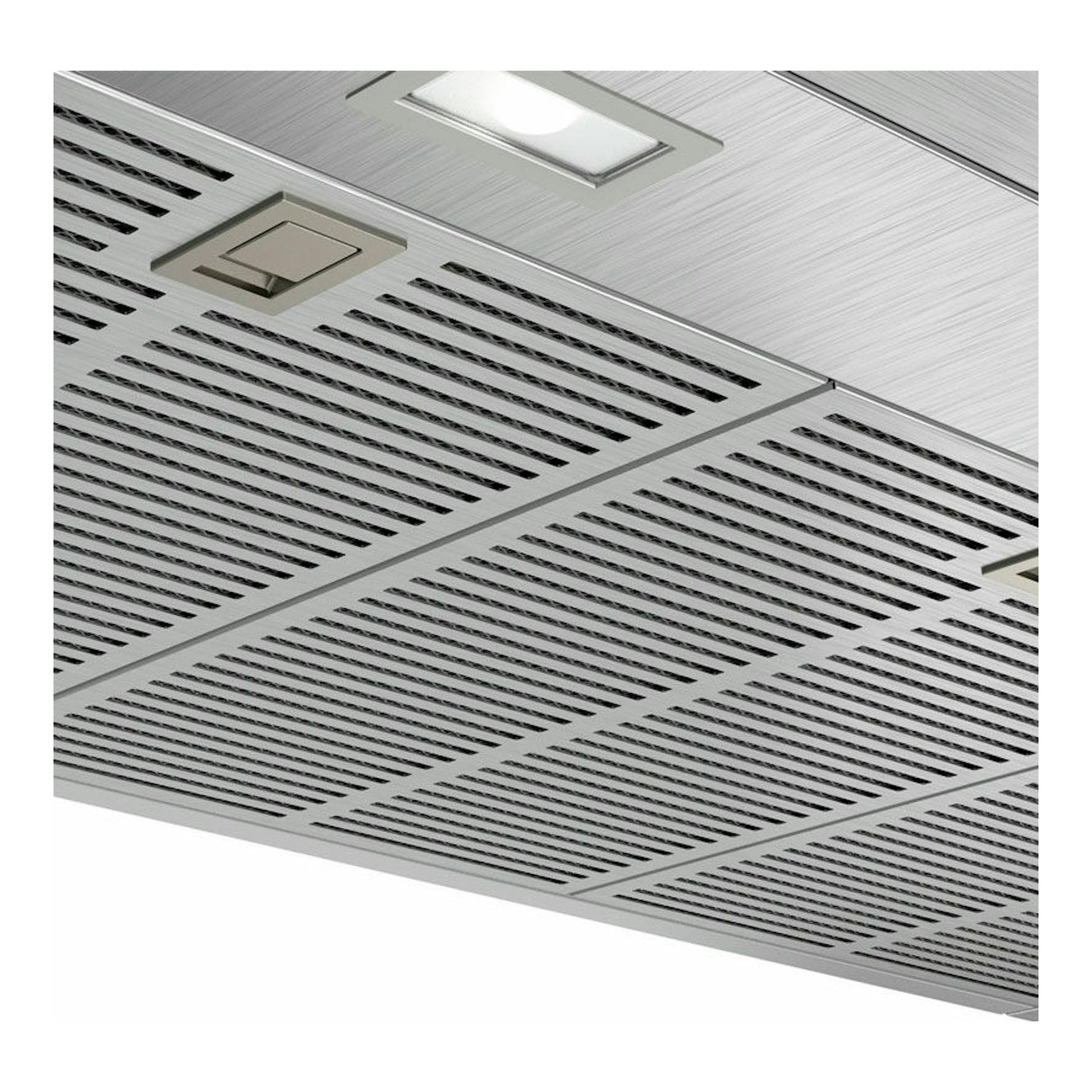 Campana decorativa Bosch DWB97JP50 en acero inoxidable, vista inferior con rejillas y luz integrada.