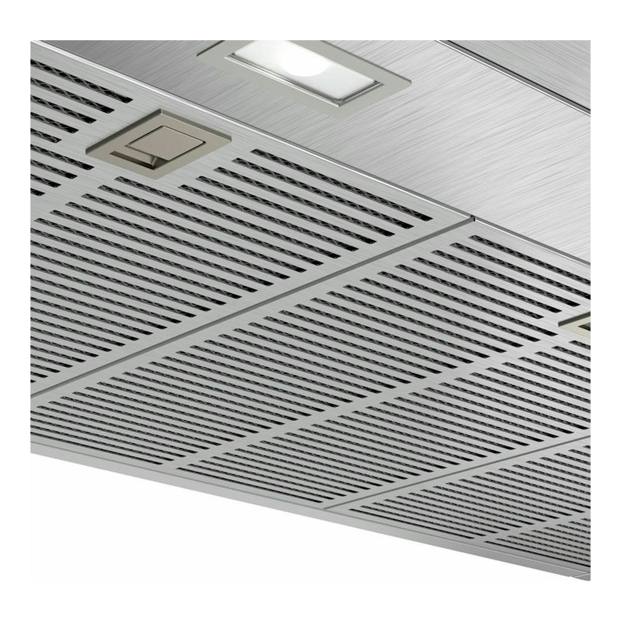 Campana decorativa Bosch DWB97JP50 en acero inoxidable, vista inferior con rejillas y luz integrada.