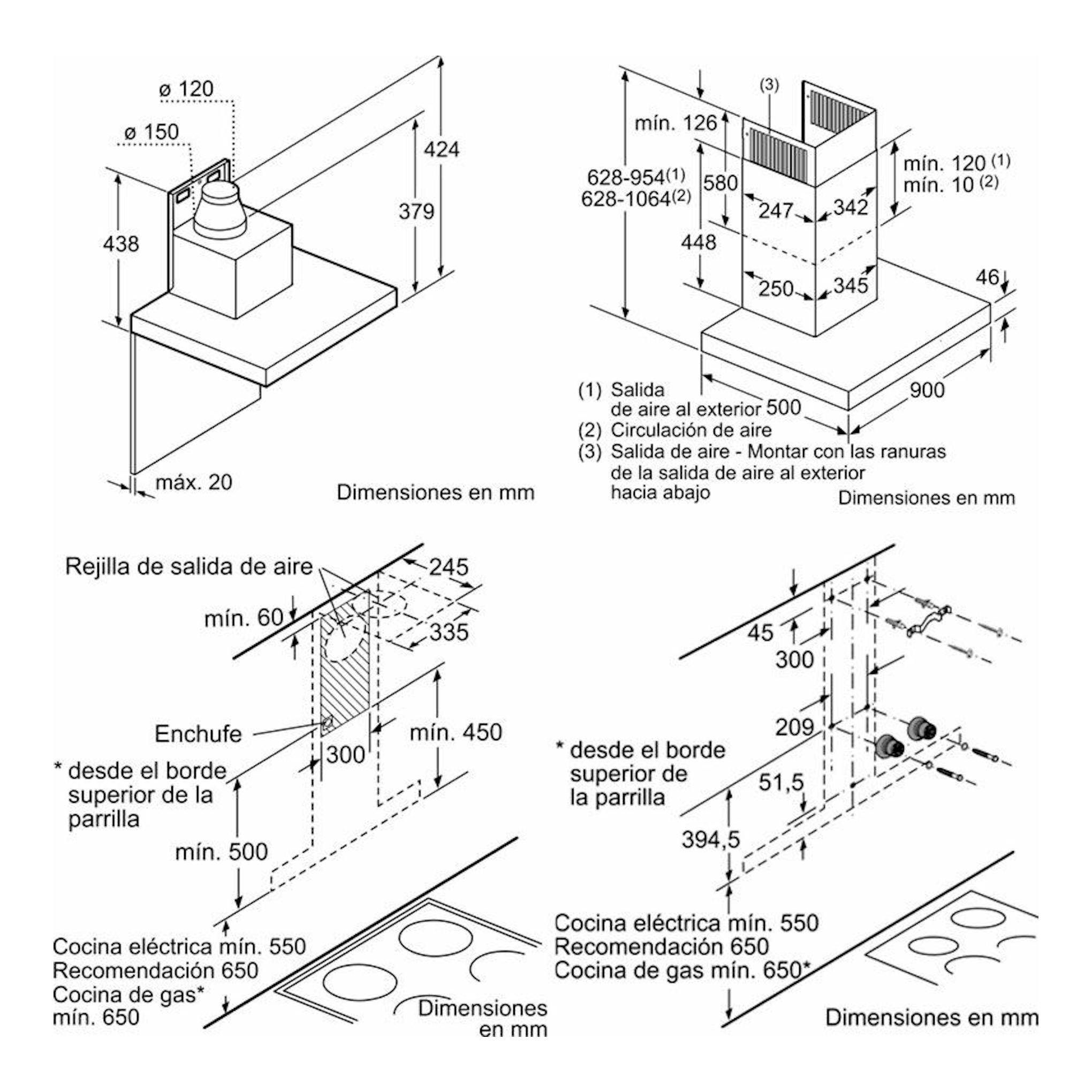 Plano de dimensiones de la campana decorativa Bosch DWB98JQ50 Inox, con vistas de instalación.