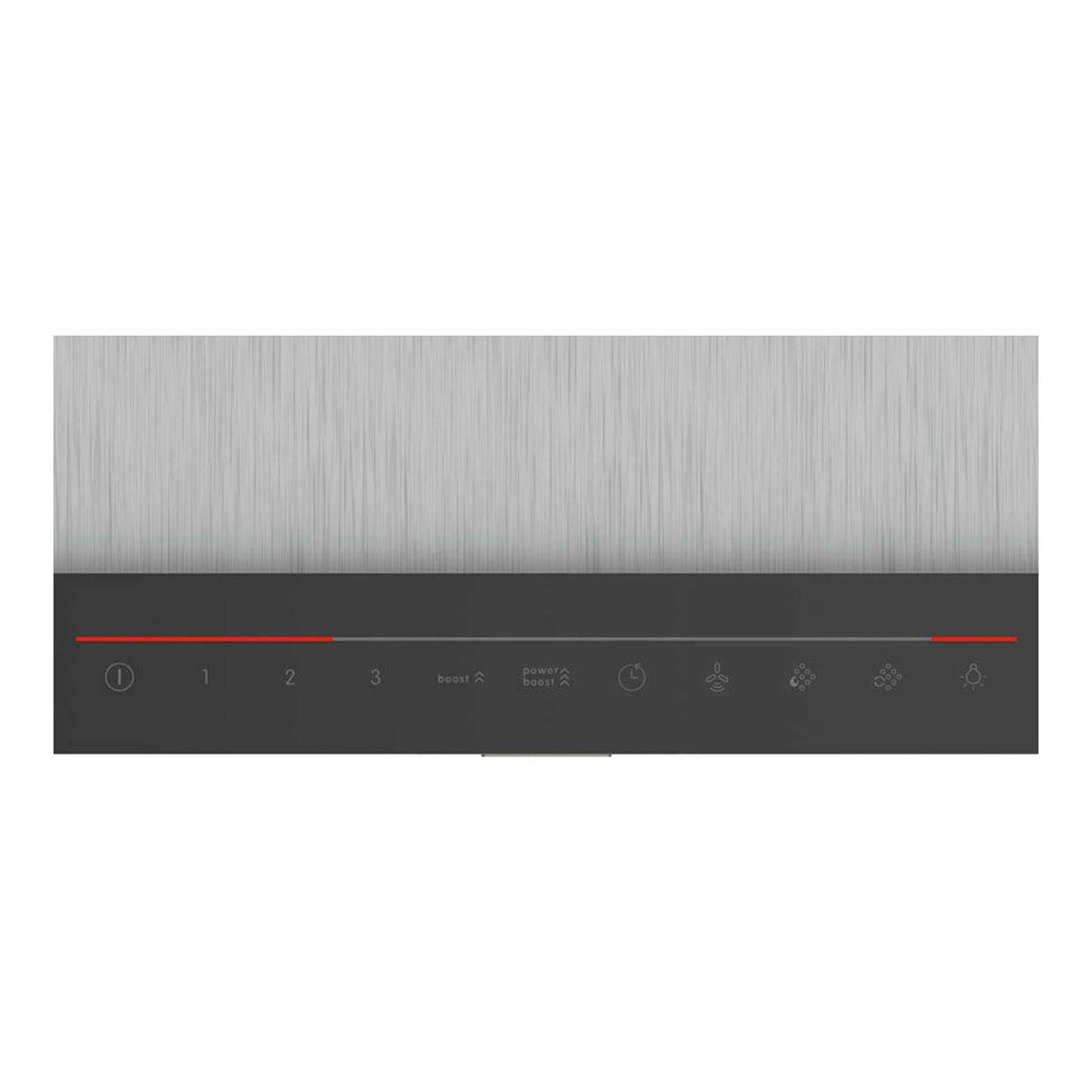 Campana decorativa Bosch DWB98JQ50 inox, vista frontal, con panel negro y cuerpo de acero inoxidable.