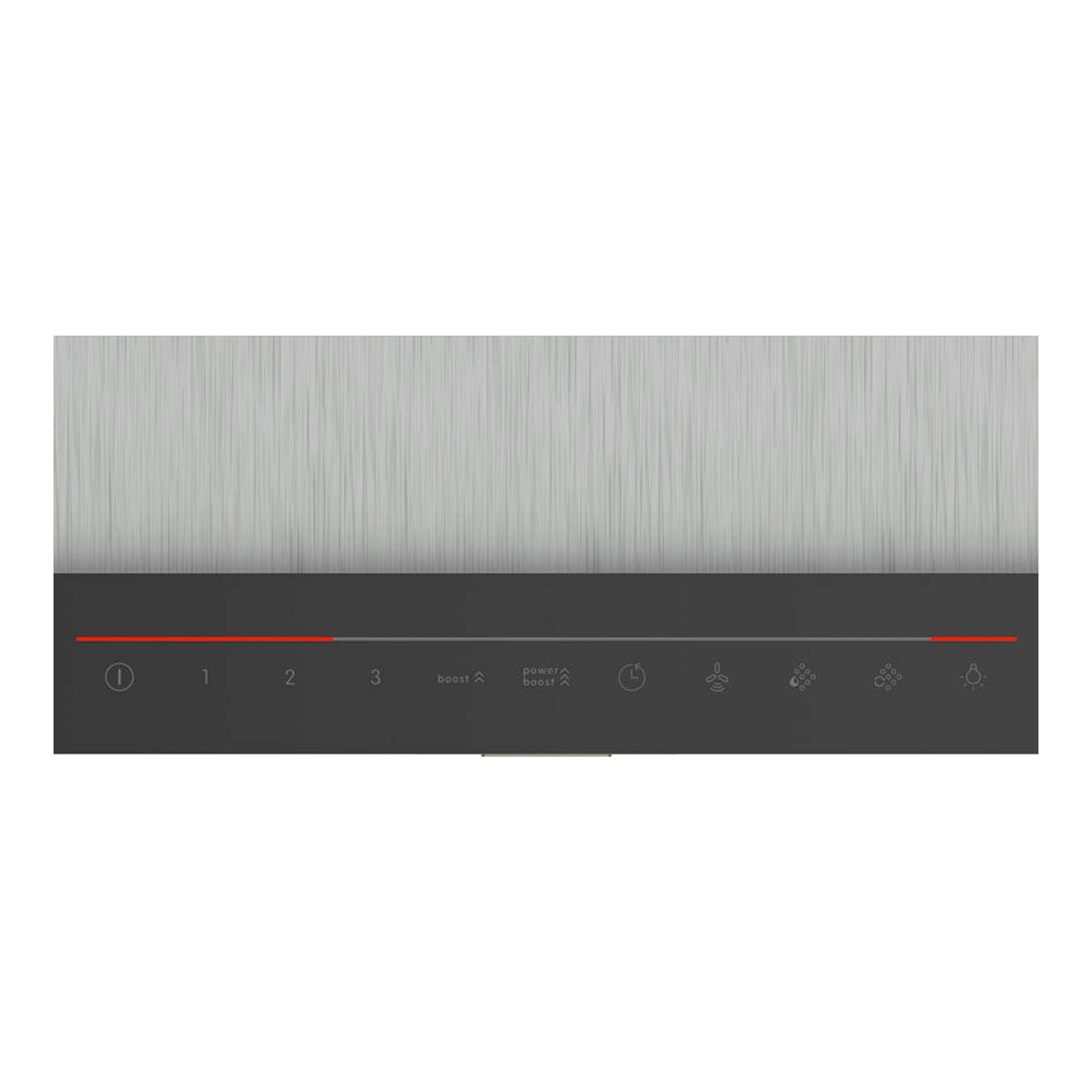 Campana decorativa Bosch DWB98JQ50 inox, vista frontal, con panel negro y cuerpo de acero inoxidable.