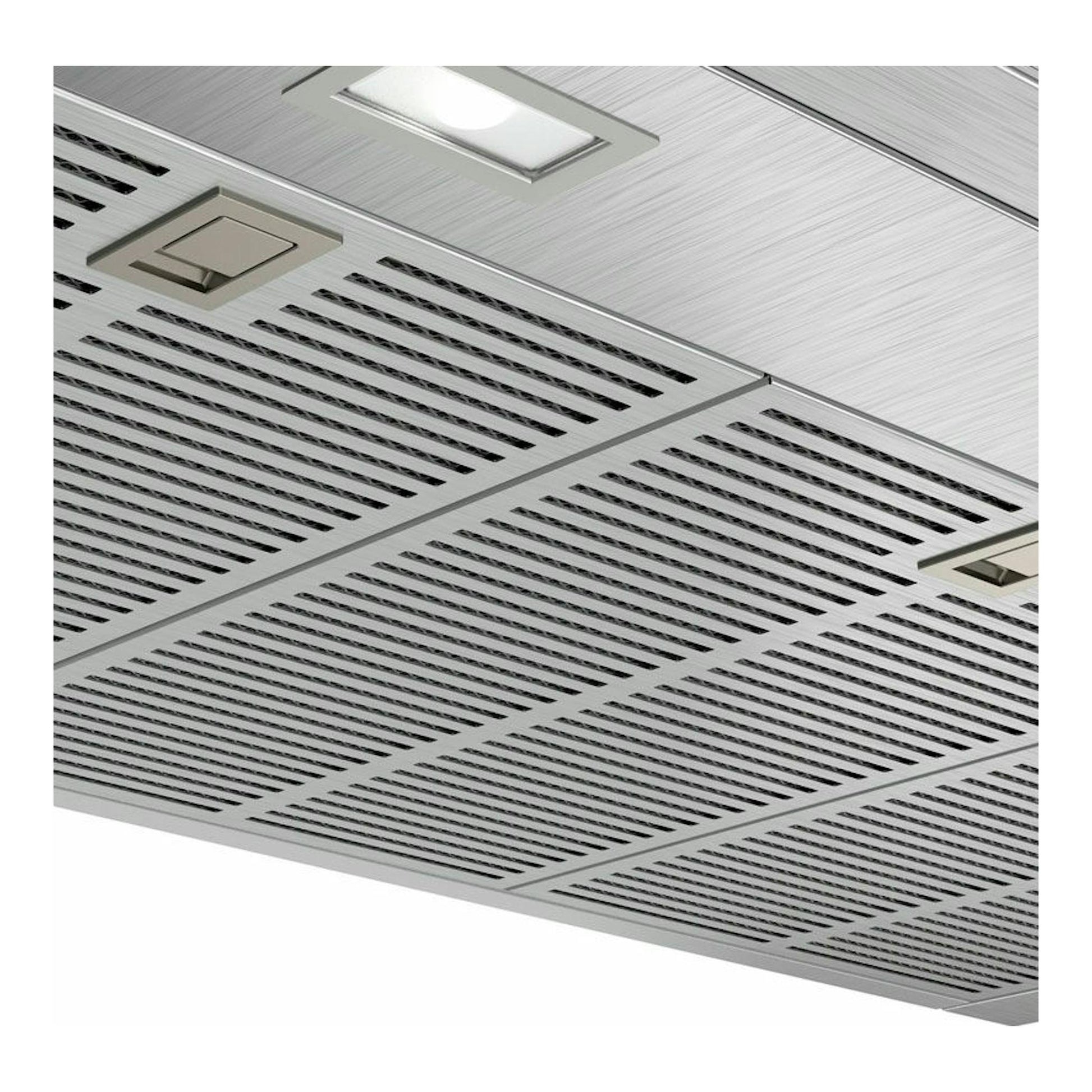 Campana decorativa Bosch DWB98JQ50 de acero inoxidable, vista inferior con rejillas y luces empotradas.