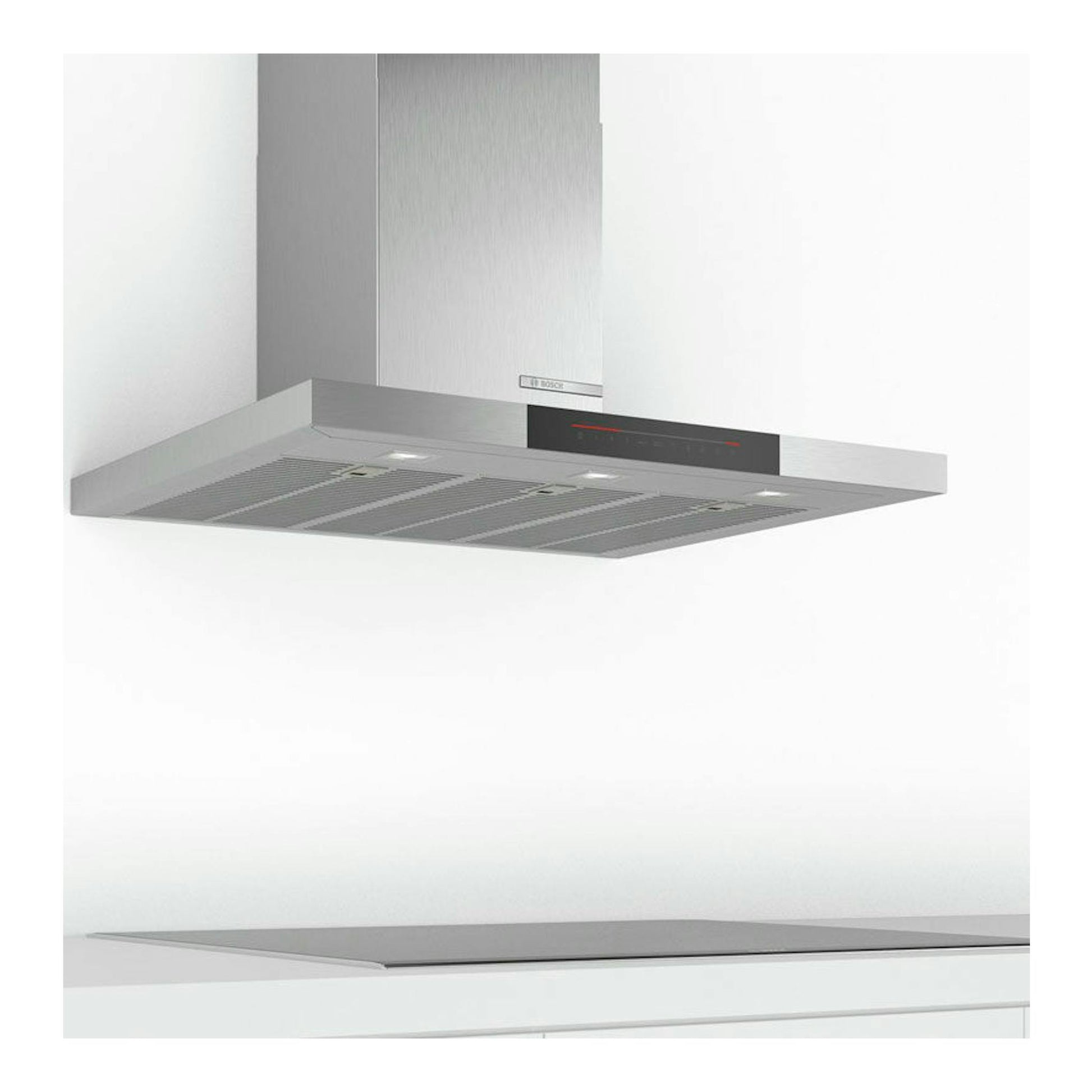 Campana decorativa Bosch DWB98JQ50 de inox, vista inferior en ángulo, sobre una placa.