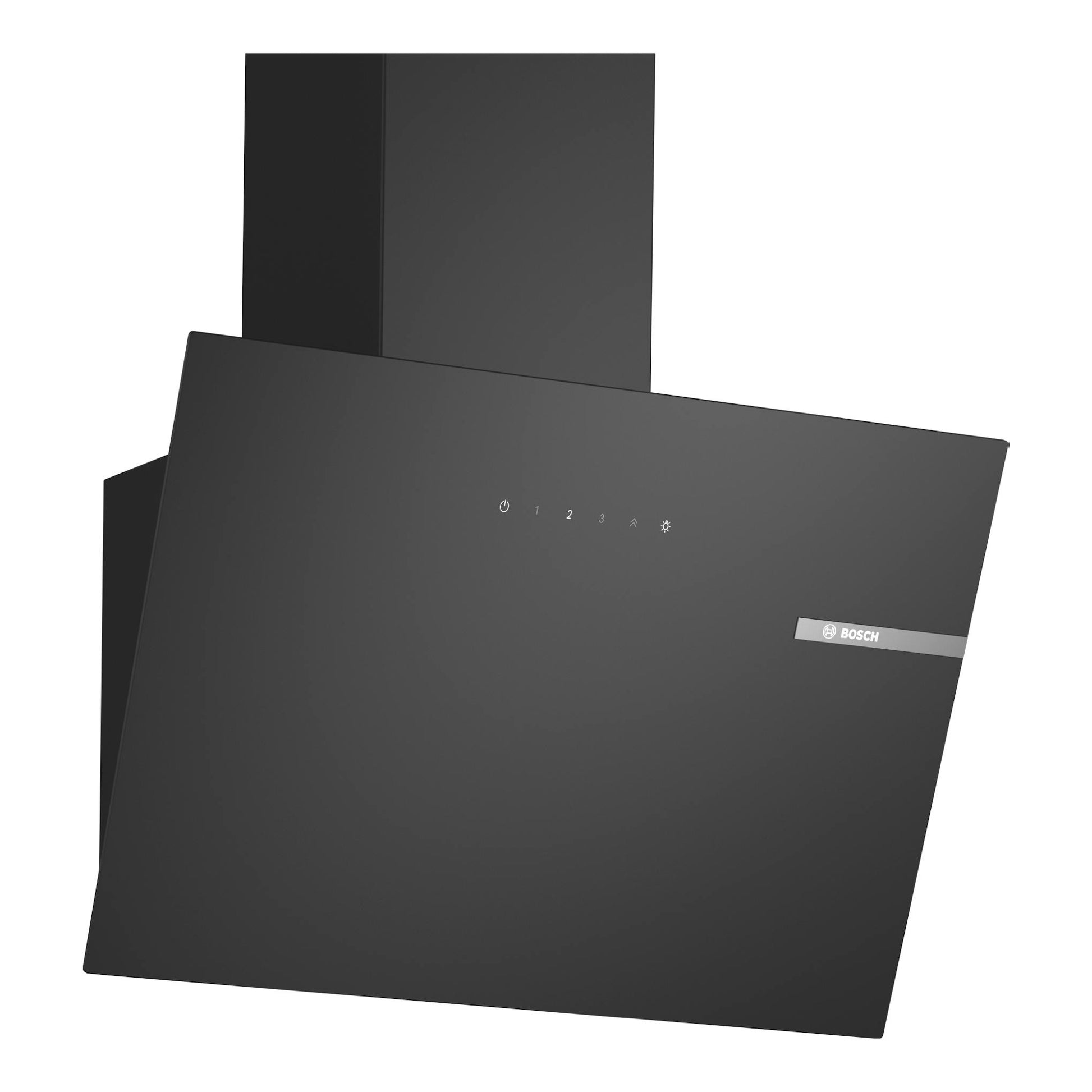 Campana decorativa Bosch DWK65DK60 de cristal negro, vista frontal inclinada.