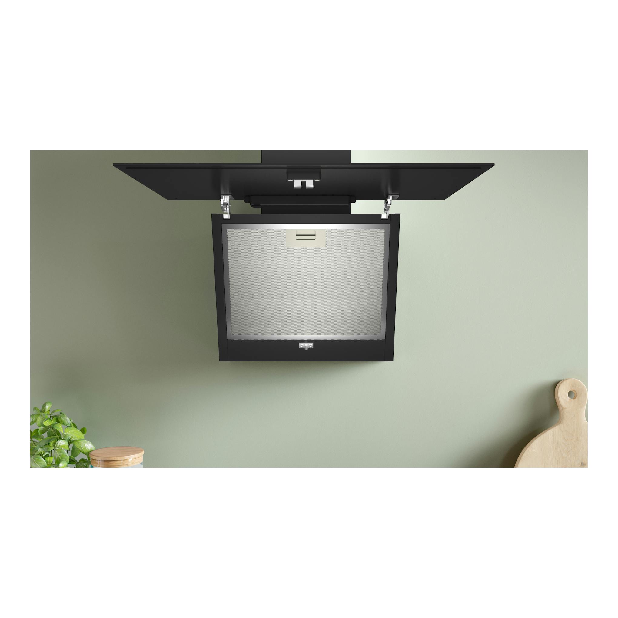 Campana decorativa Bosch DWK65DK60 negra, vista inferior frontal, con panel abatido y filtro visible.