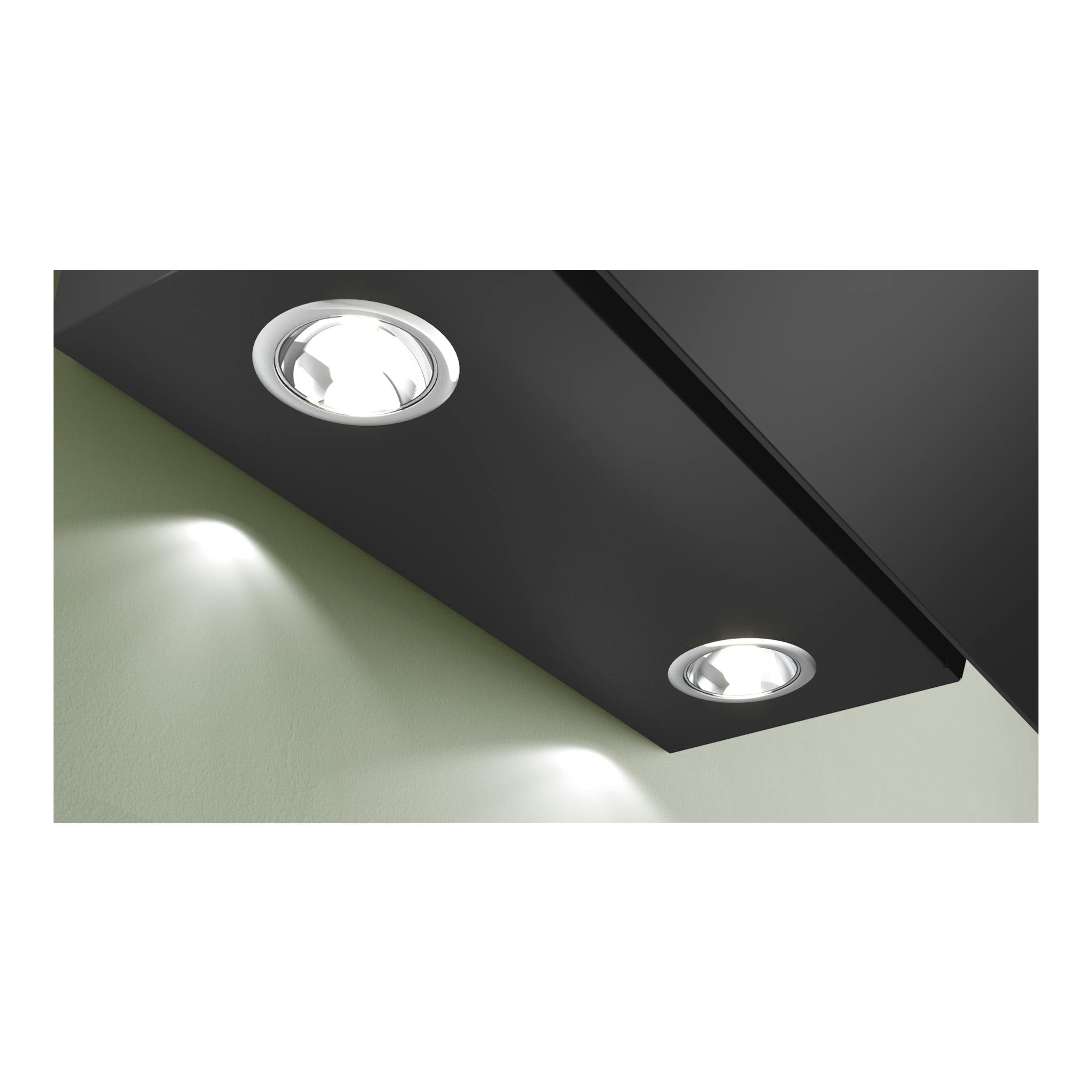 Campana extractora Bosch DWK65DK60 de cristal negro, vista inferior con dos focos redondos.