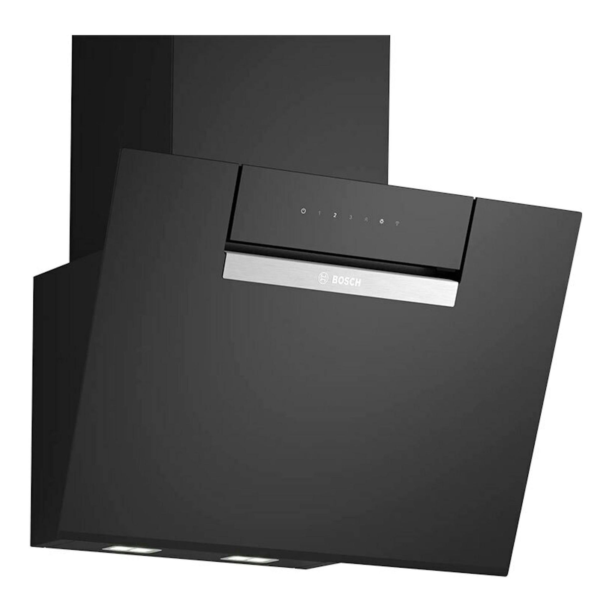 Campana decorativa Bosch DWK67FN60 de cristal negro, vista frontal inclinada, panel táctil y luz inferior.