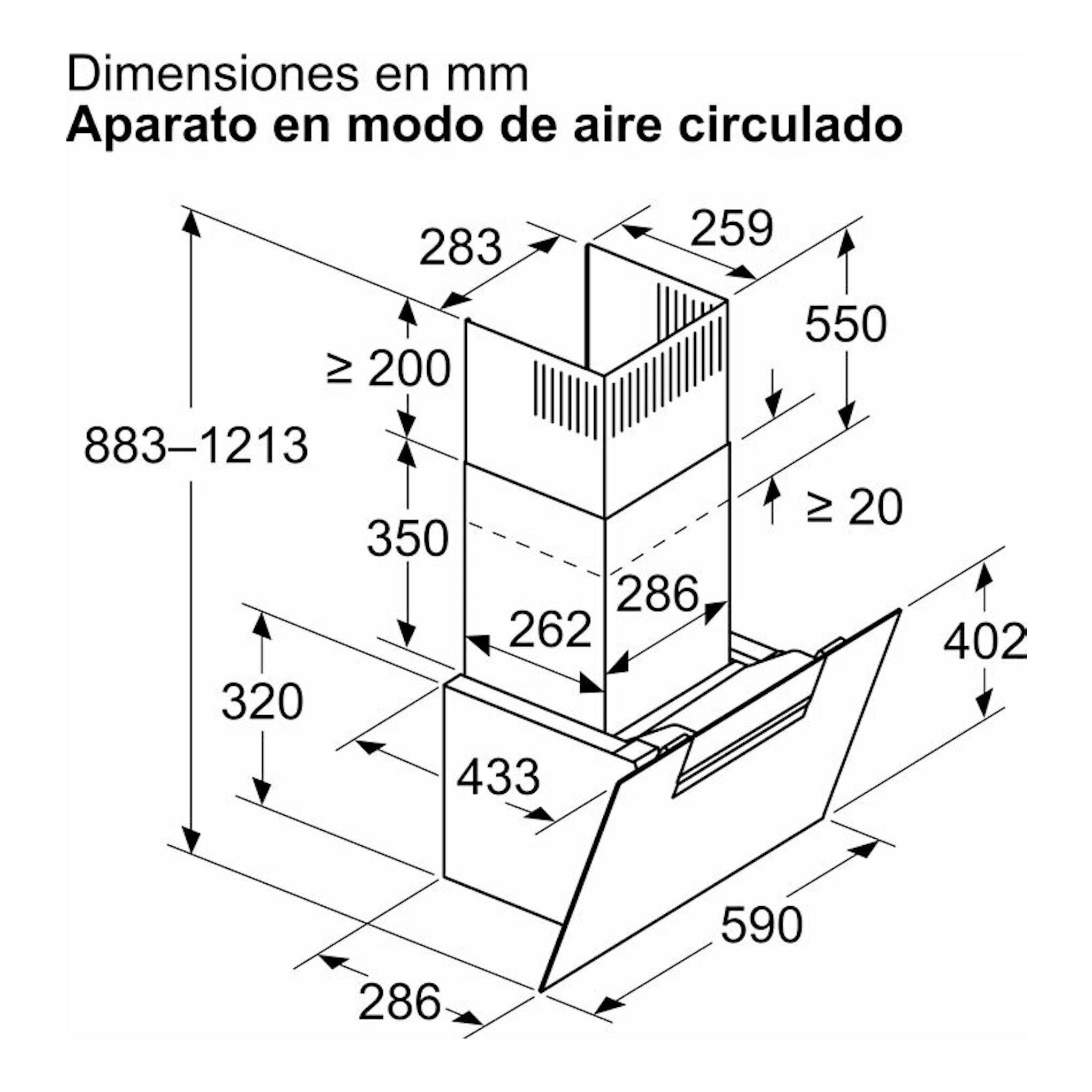 Bosch DWK67FN60: esquema técnico de campana decorativa de cristal negro, vista isométrica, con cotas en mm.
