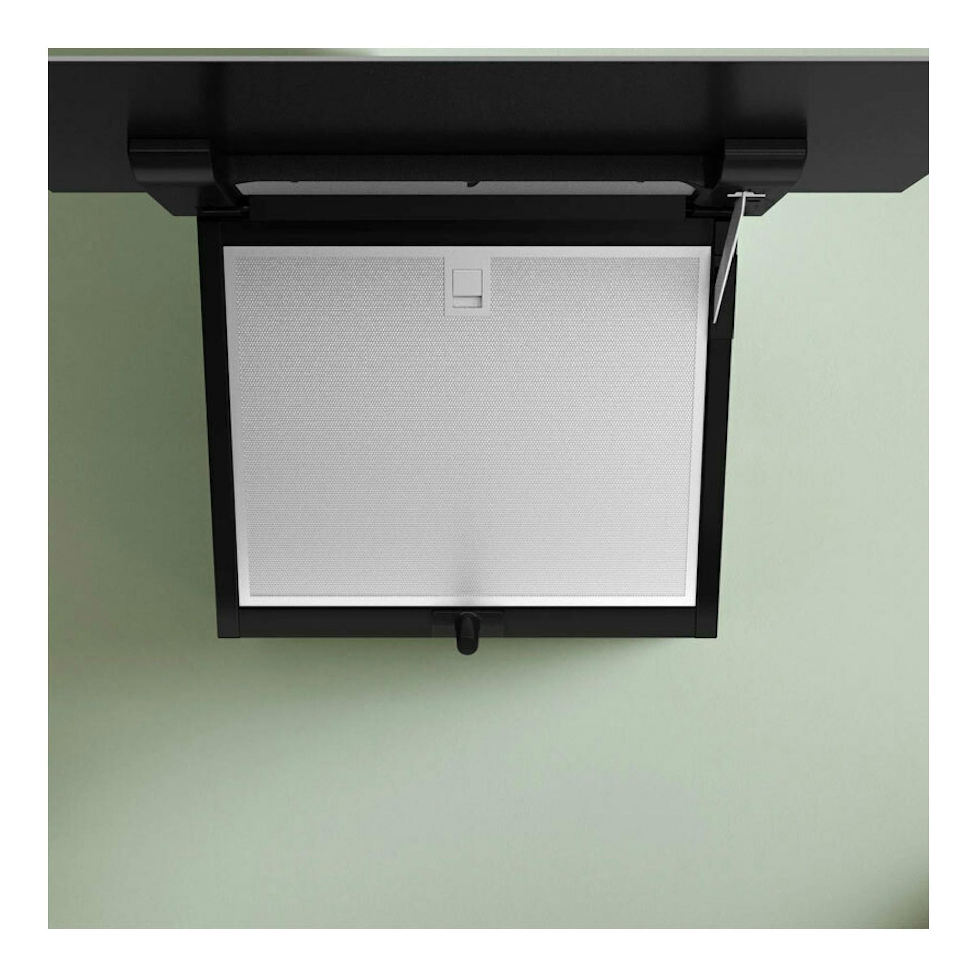 Campana decorativa Bosch DWK67FN60 de cristal negro, vista frontal inferior con filtro metálico extraíble.