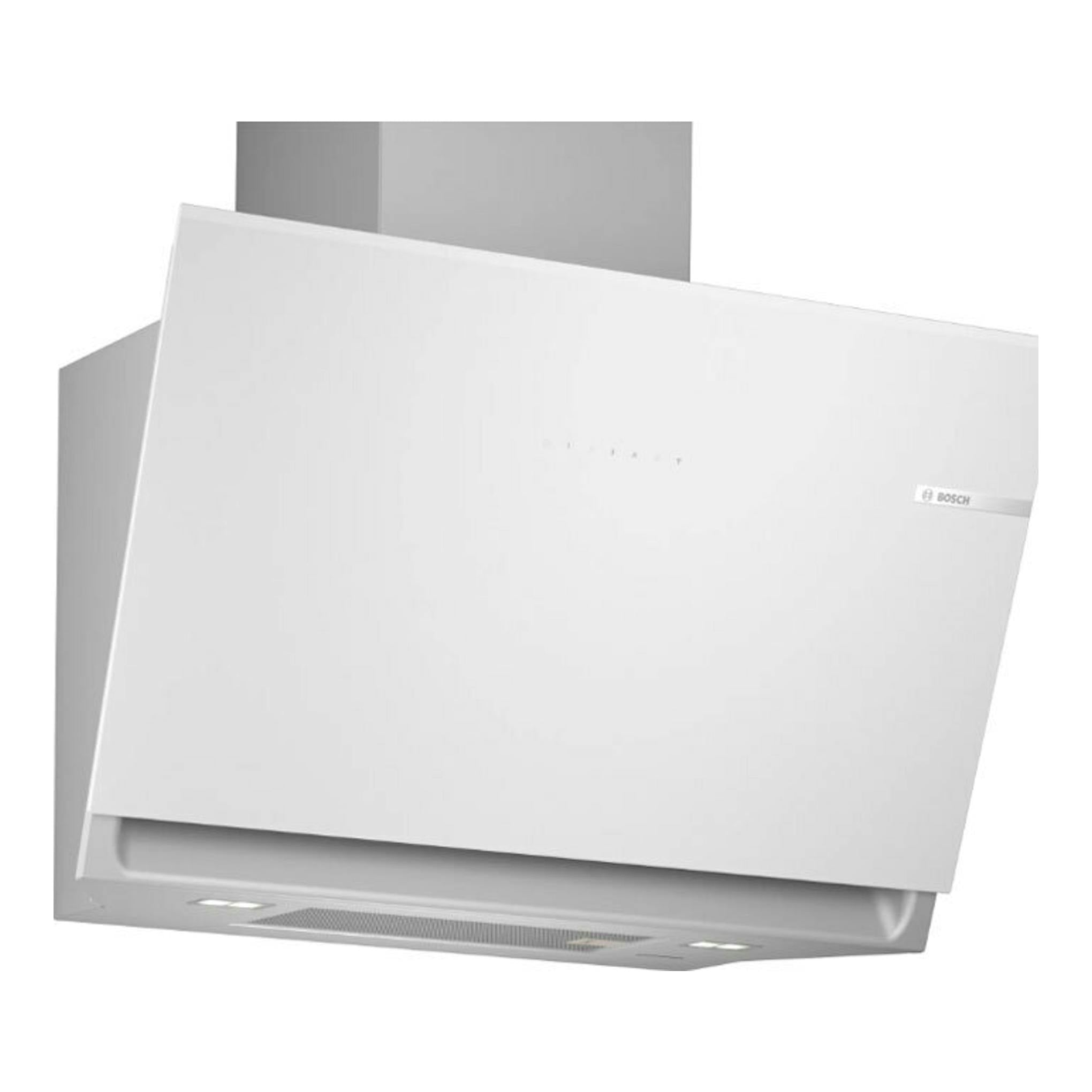 Campana decorativa Bosch DWK81AN20 blanca, vista frontal inclinada, montada en pared.
