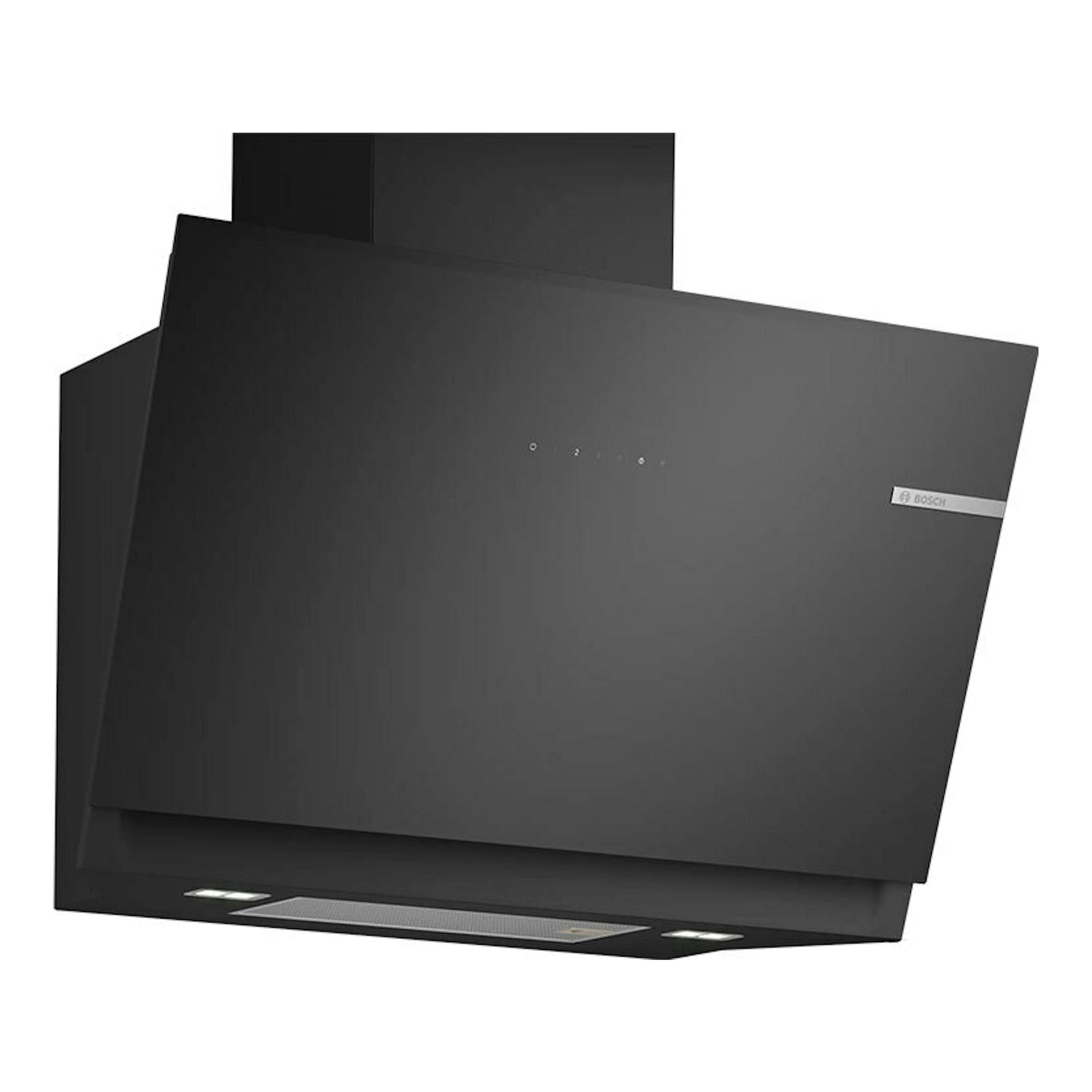Campana decorativa Bosch DWK81AN60 de cristal negro, vista frontal inclinada.