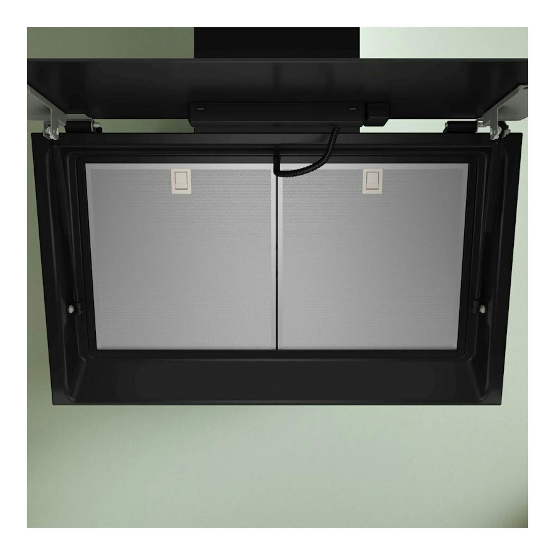 Campana extractora Bosch DWK81AN60 de cristal negro, vista inferior con filtros metálicos desplegados.