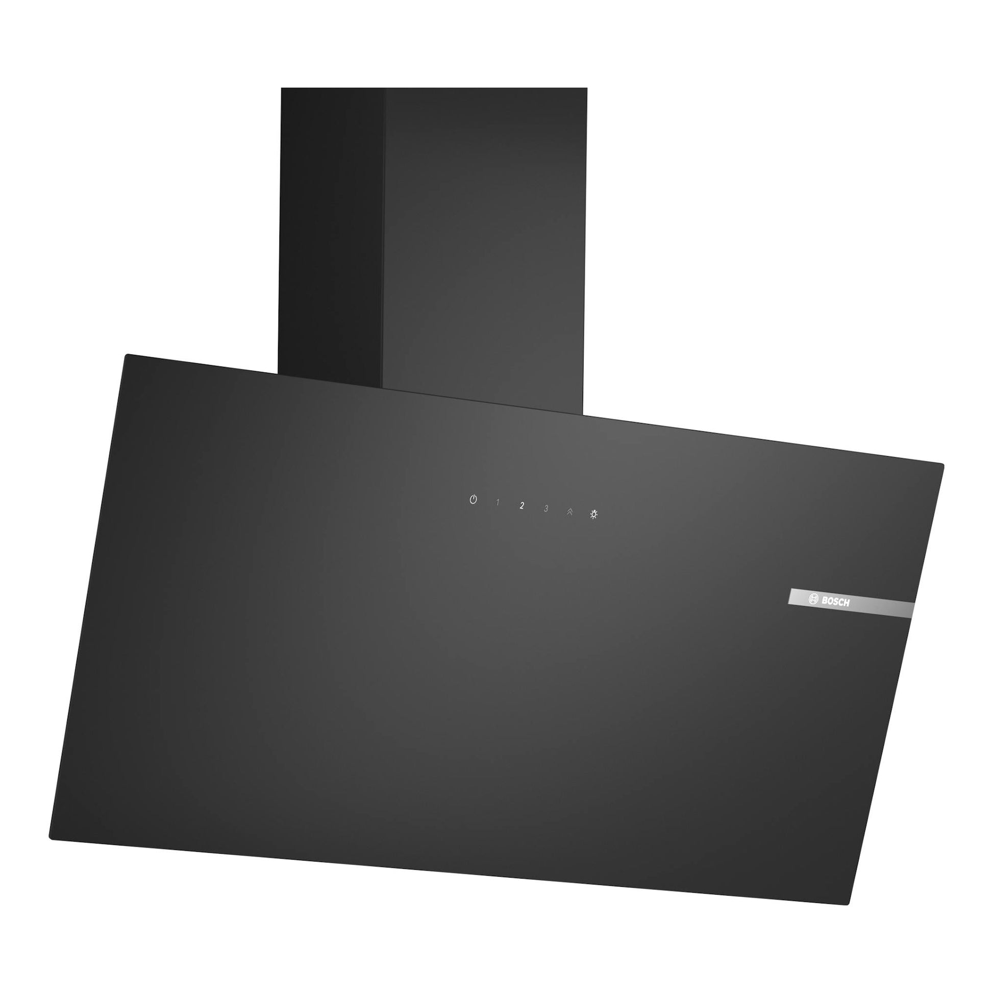 Campana decorativa Bosch DWK85DK60 en cristal negro, vista frontal inclinada, con chimenea vertical.