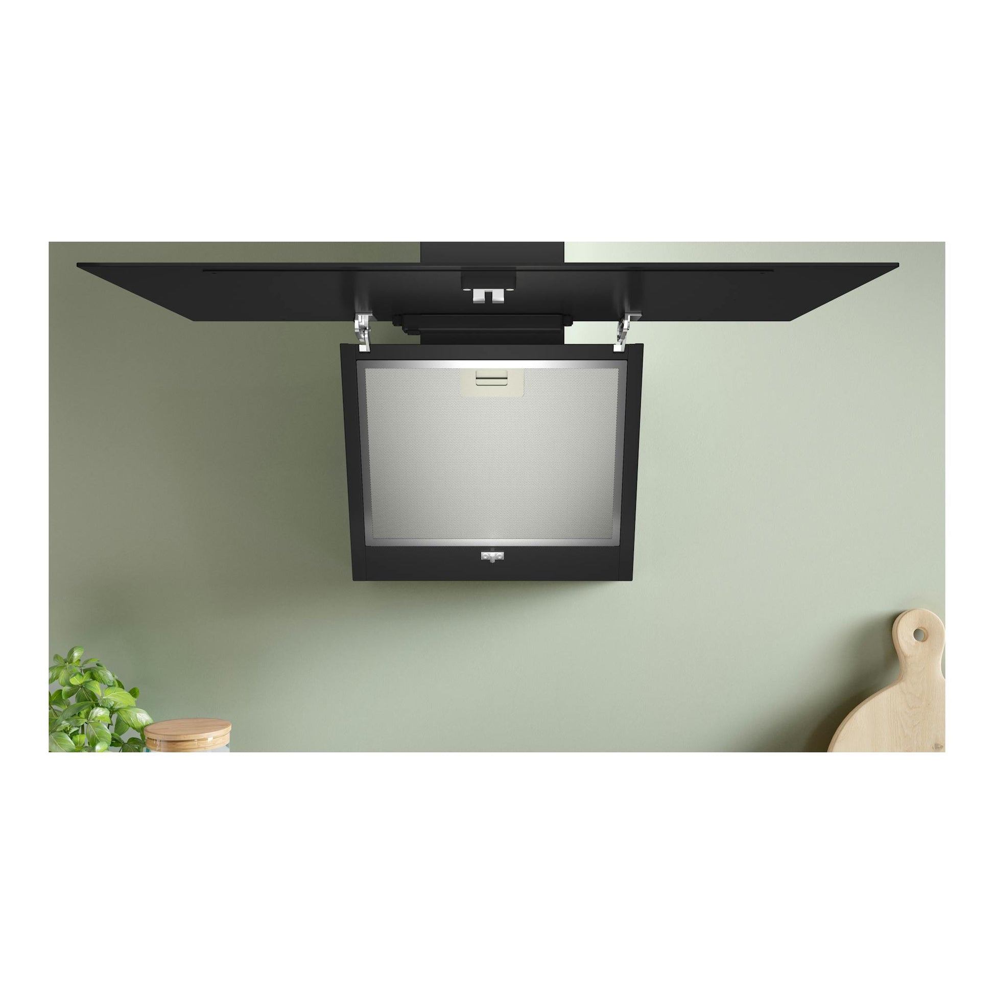 Campana decorativa Bosch DWK85DK60 de cristal negro, vista inferior frontal, con filtro metálico.