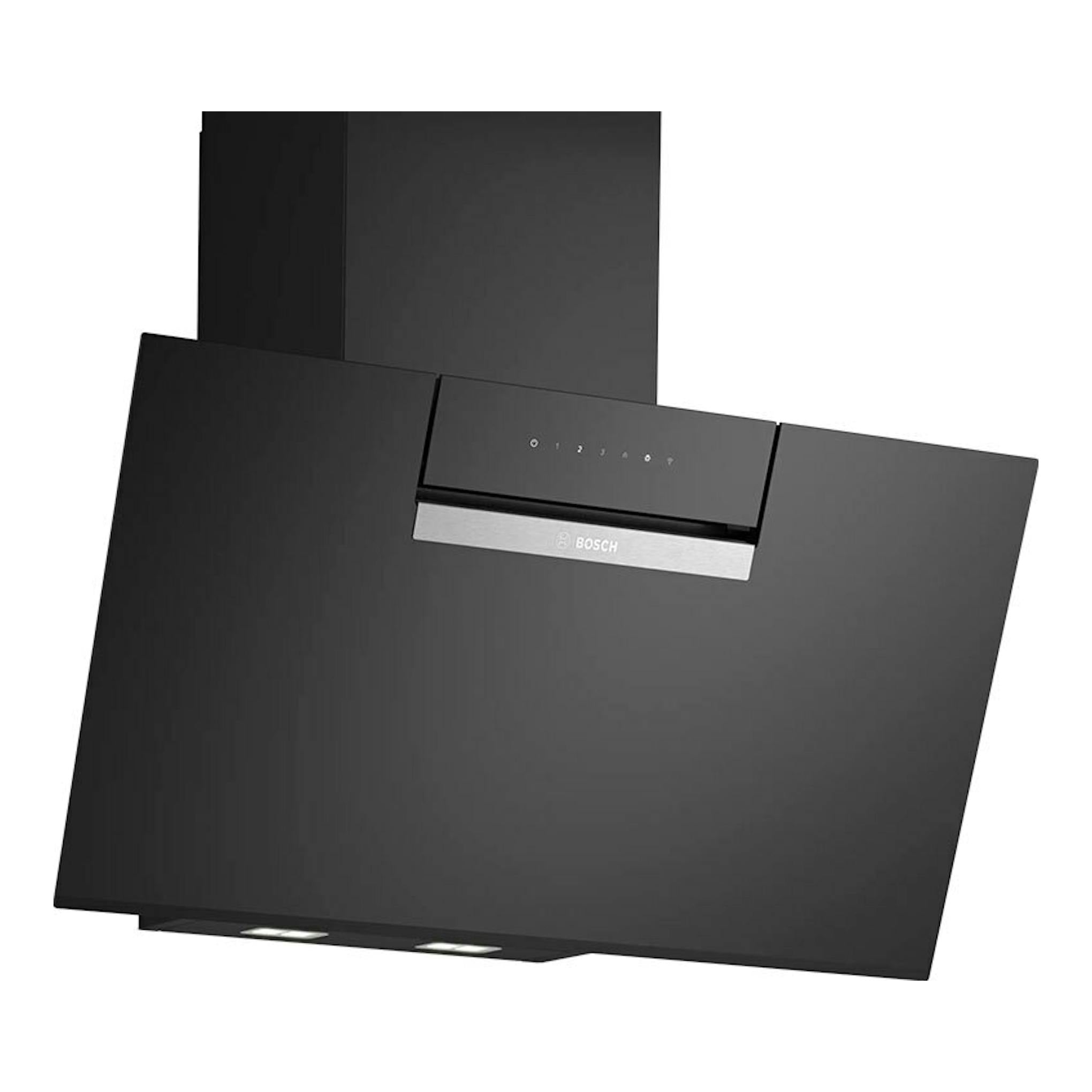 Campana decorativa Bosch DWK87FN60 de cristal negro, vista frontal inclinada.