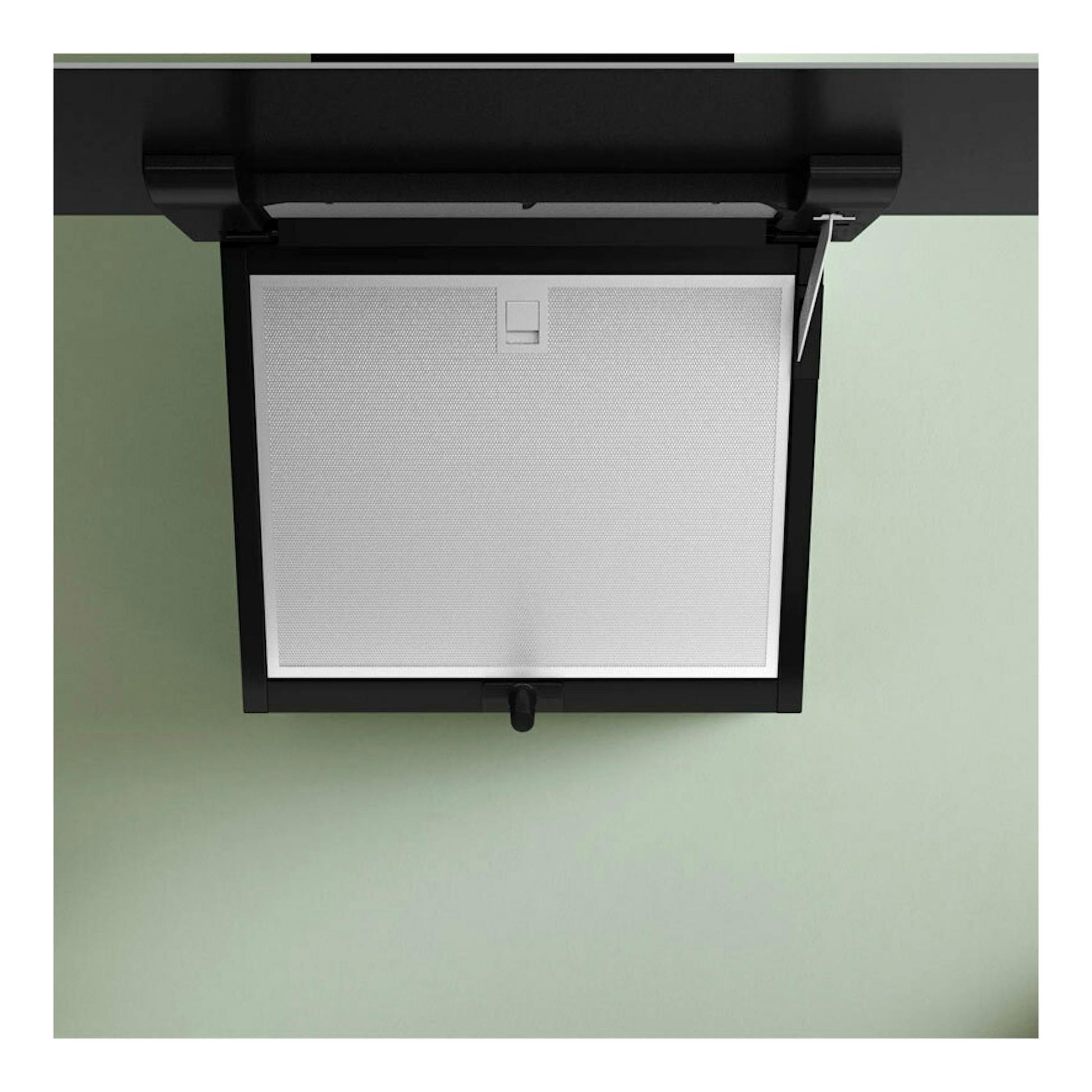 Campana decorativa Bosch DWK87FN60 de cristal negro, vista inferior frontal con filtro metálico blanco.