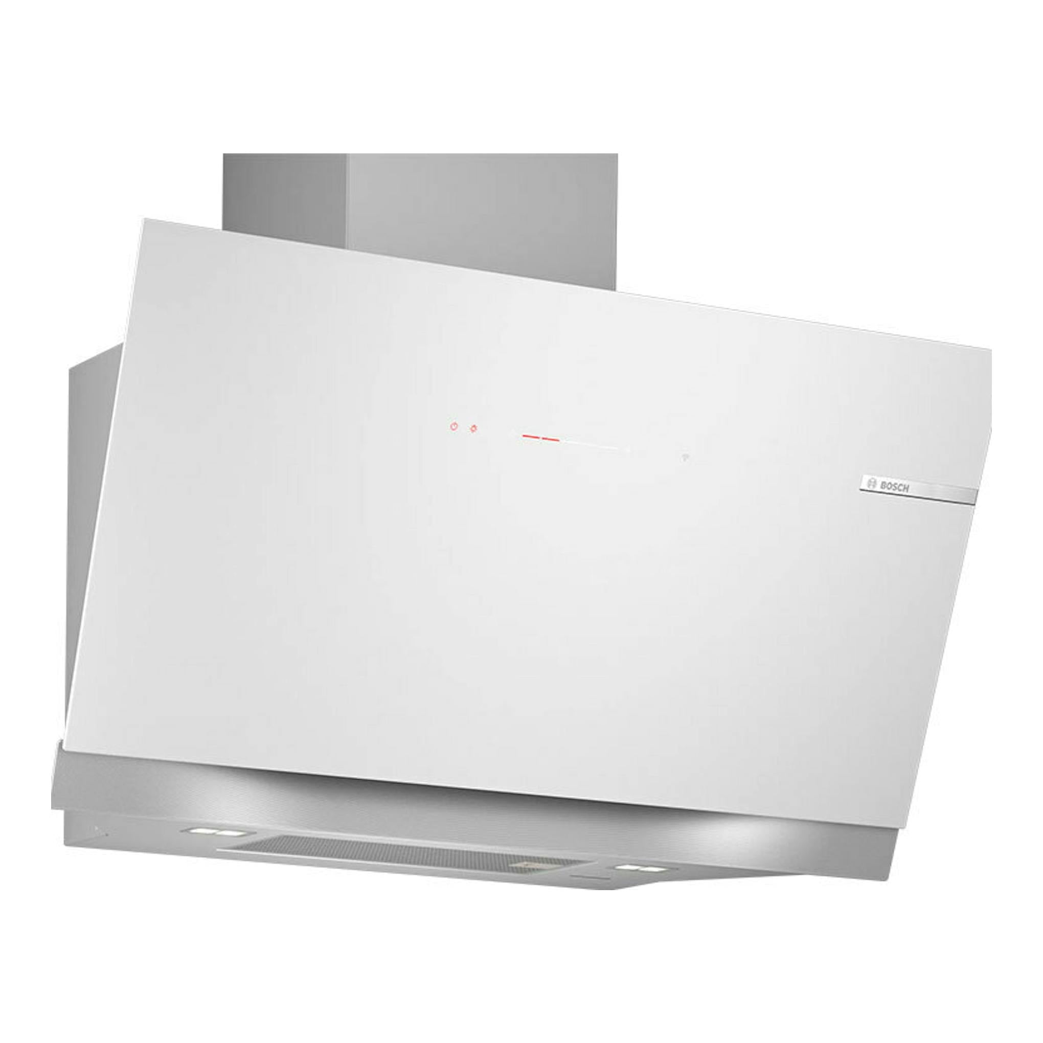 Campana decorativa Bosch DWK91LT20, vista frontal inclinada, frente blanco y chimenea metálica.