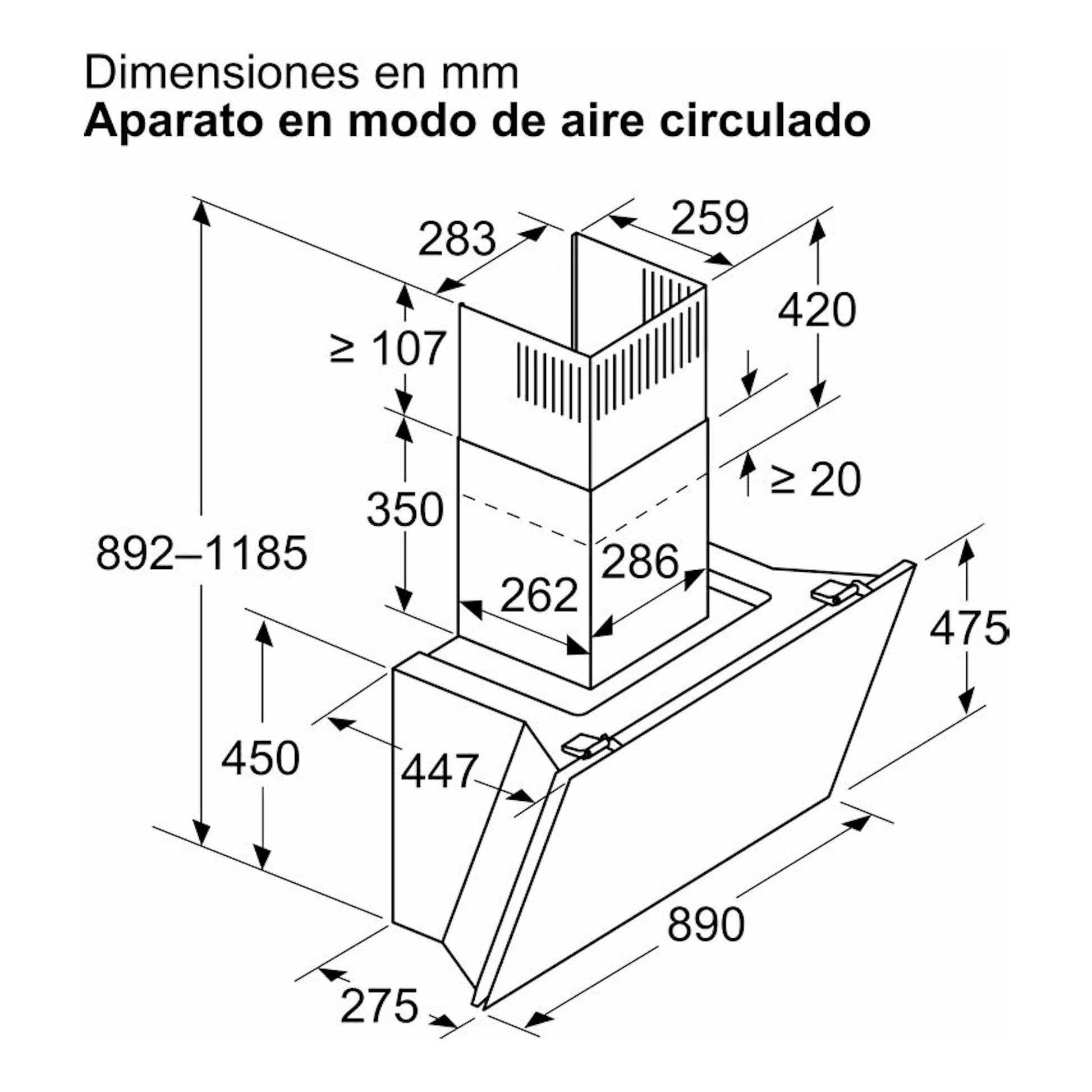 Bosch DWK91LT20: esquema técnico de campana decorativa negra con medidas en mm, vista frontal y lateral.