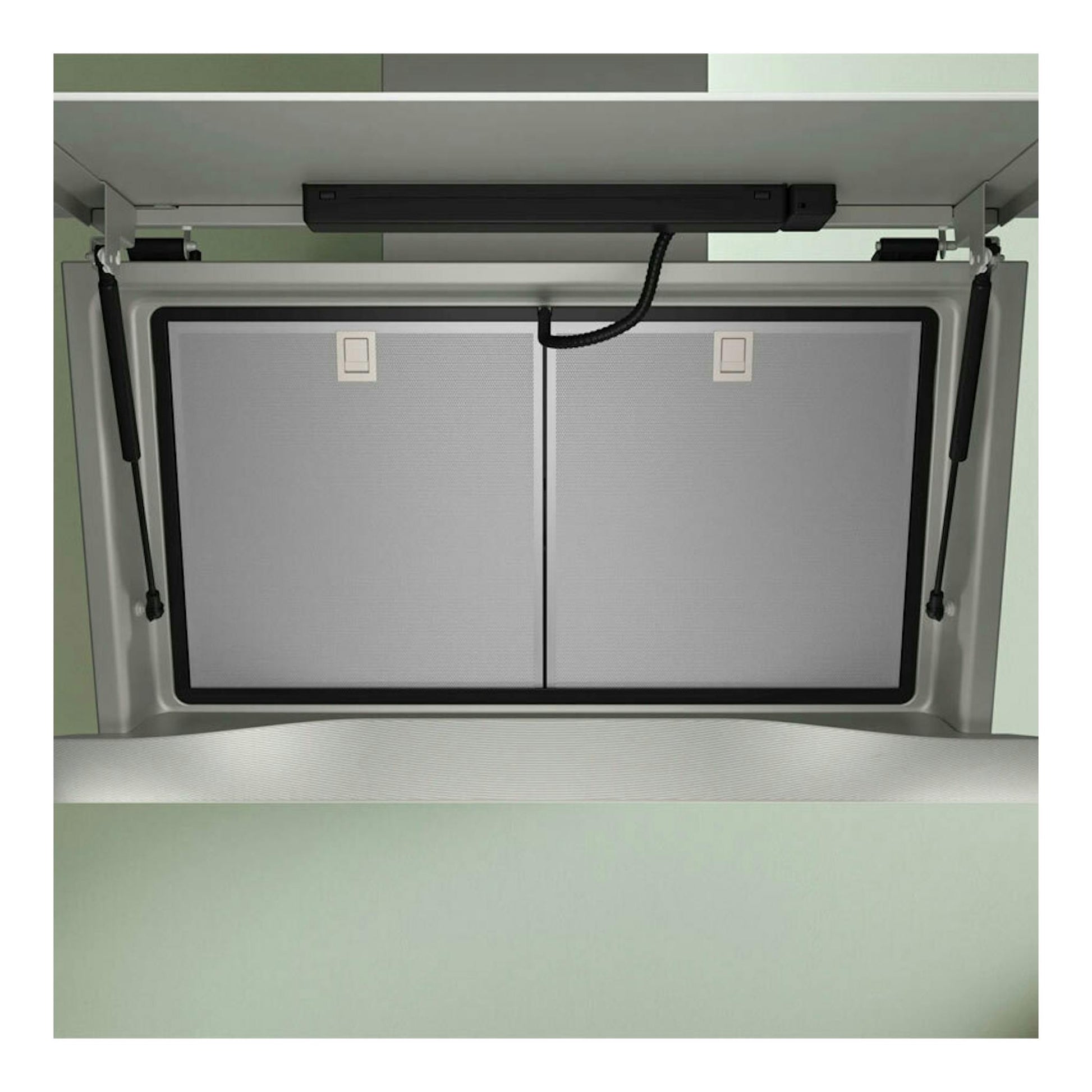 Campana decorativa Bosch DWK91LT20 en cristal negro, vista inferior, con dos filtros metálicos.