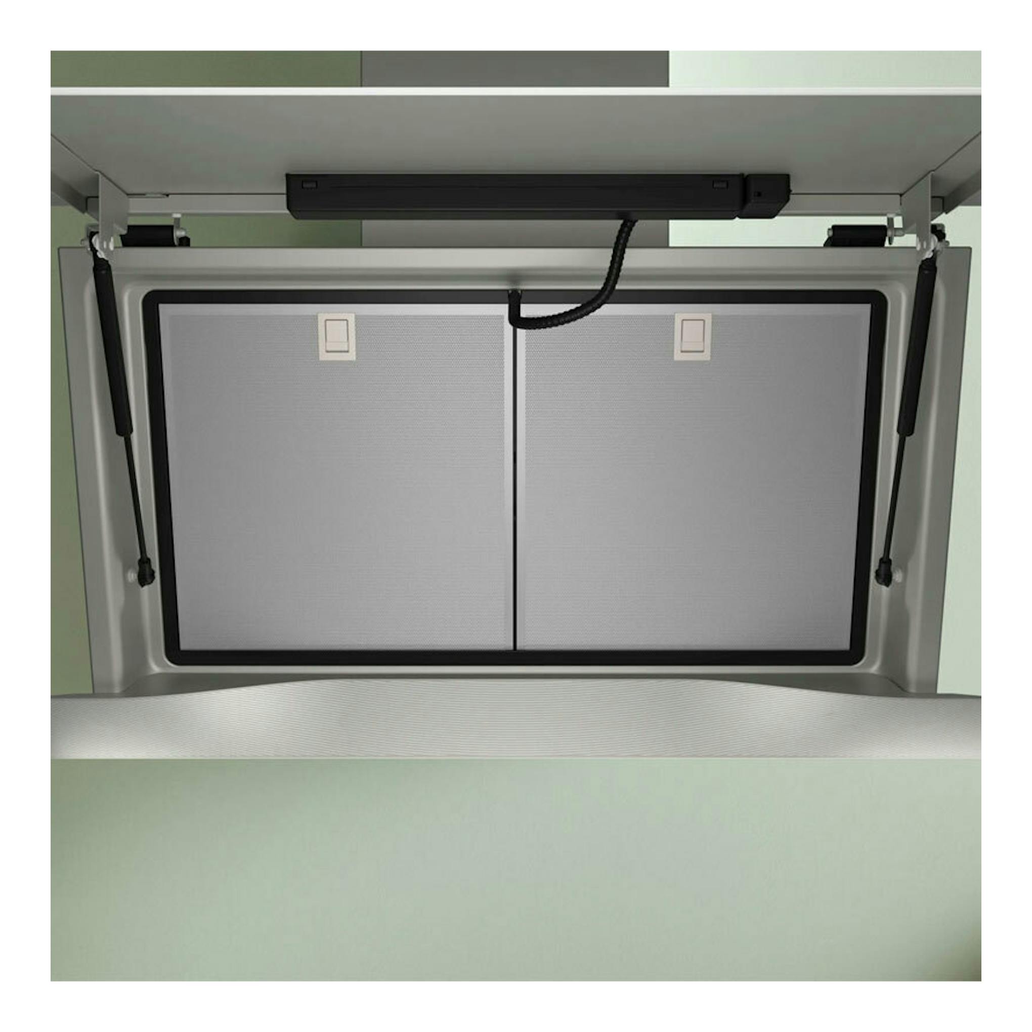 Campana decorativa Bosch DWK91LT20 en cristal negro, vista inferior, con dos filtros metálicos.