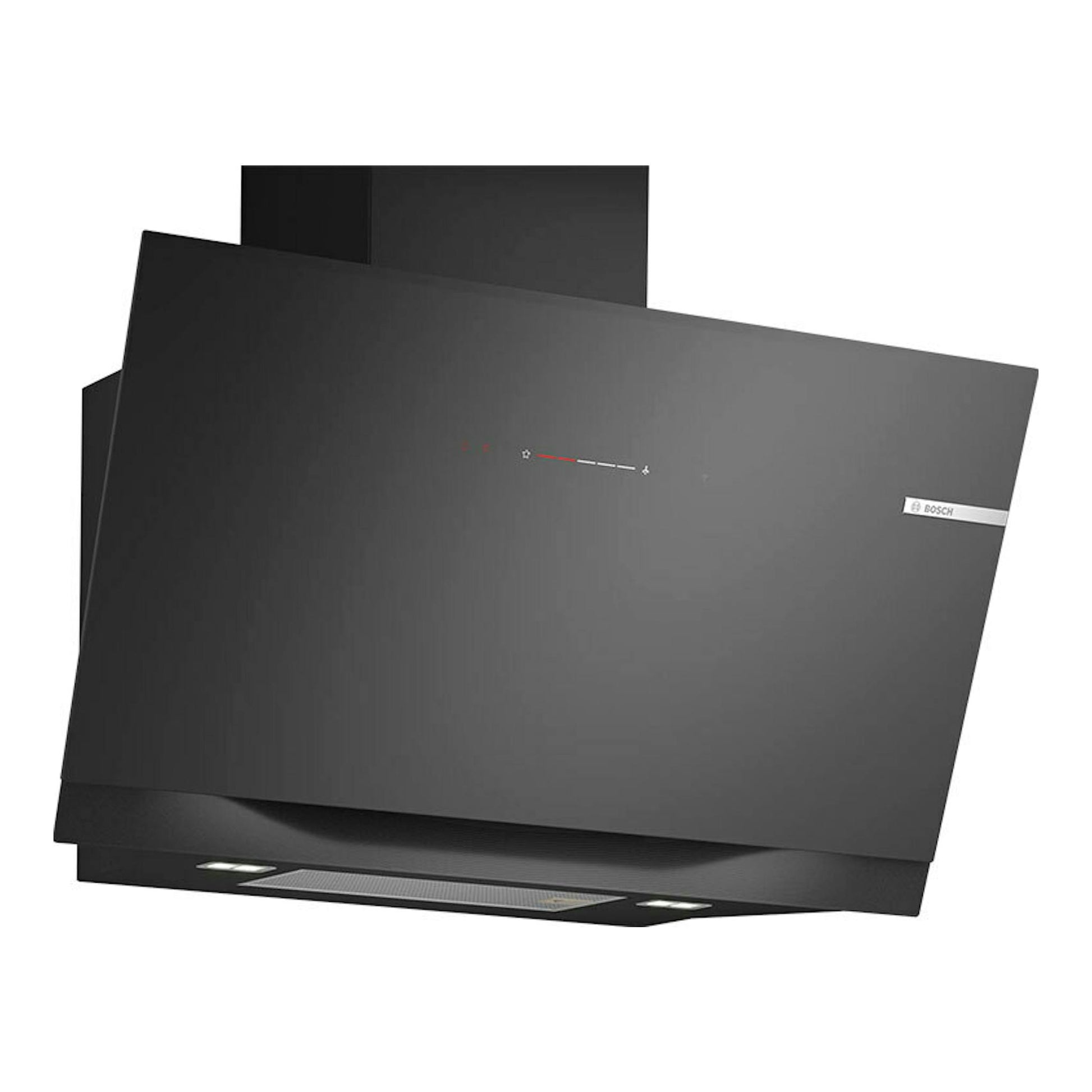 Campana decorativa Bosch DWK91LT60 de cristal negro, vista frontal inclinada.
