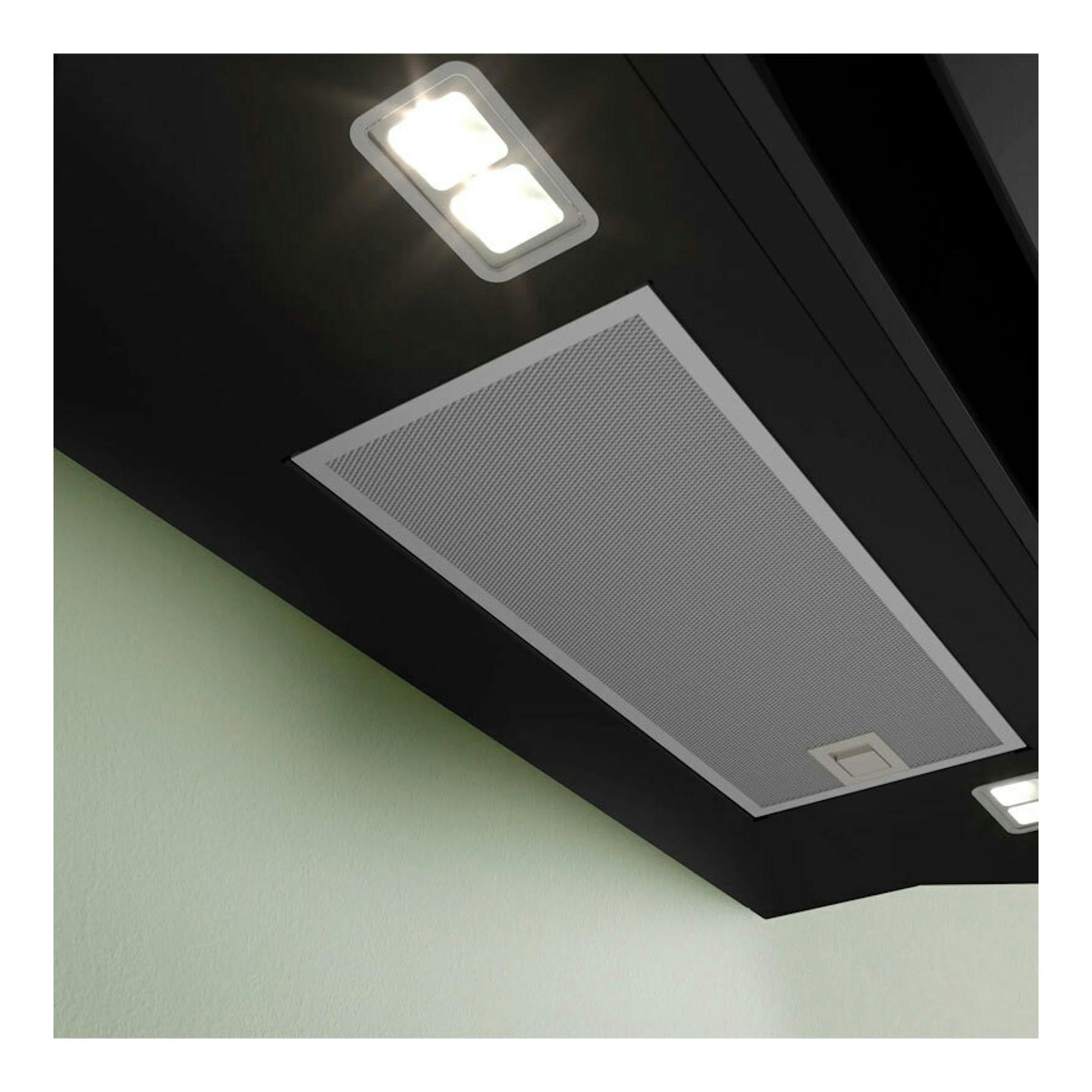 Campana decorativa Bosch DWK91LT60 de cristal negro, vista inferior con panel rectangular y luces LED.