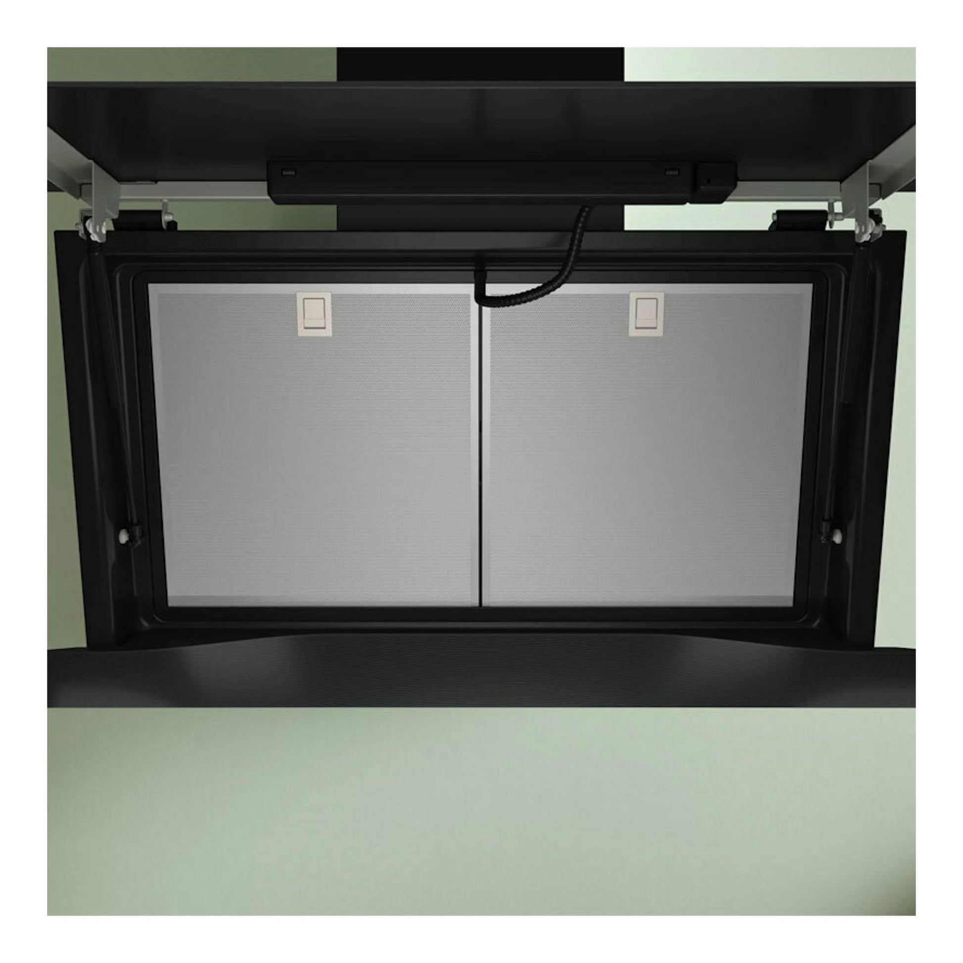 Campana decorativa Bosch DWK91LT60 negra, vista frontal inferior con dos filtros metálicos.