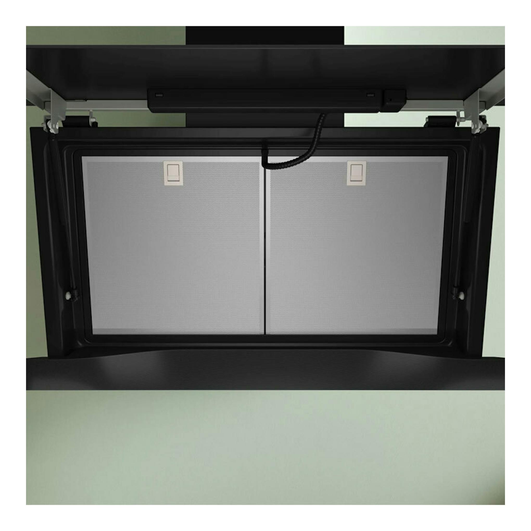 Campana decorativa Bosch DWK91LT60 negra, vista frontal inferior con dos filtros metálicos.
