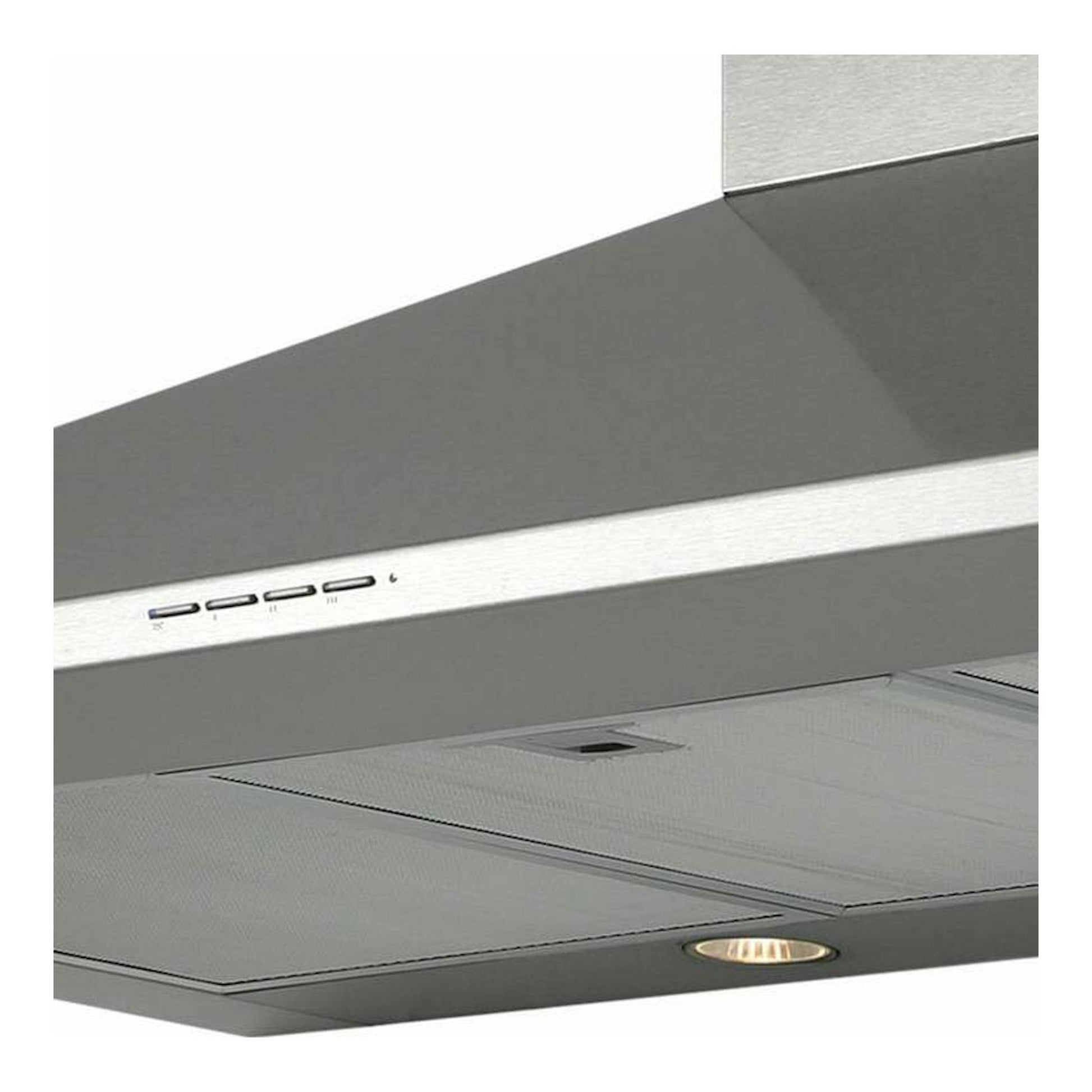 Campana decorativa Cata Beta 1200 Inox, vista frontal e inferior en acero inoxidable gris.