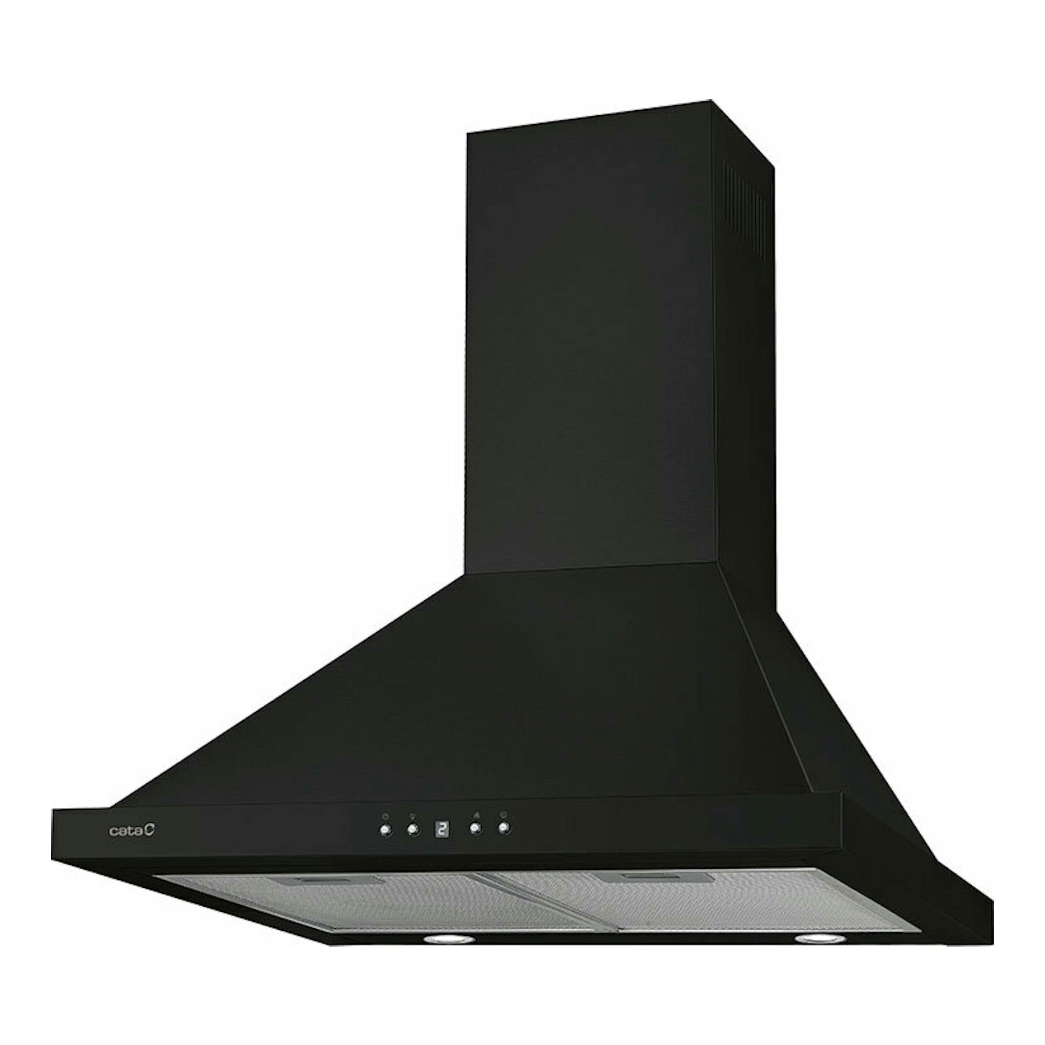 Campana decorativa Cata Beta PRO 6000BK negra, vista frontal en ángulo, con panel y filtros inferiores.