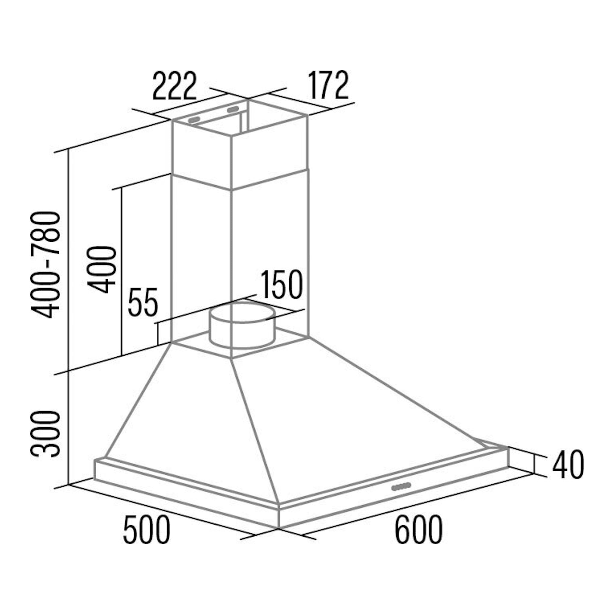 Cata Beta PRO 6000BK: dibujo técnico isométrico de campana decorativa con medidas.