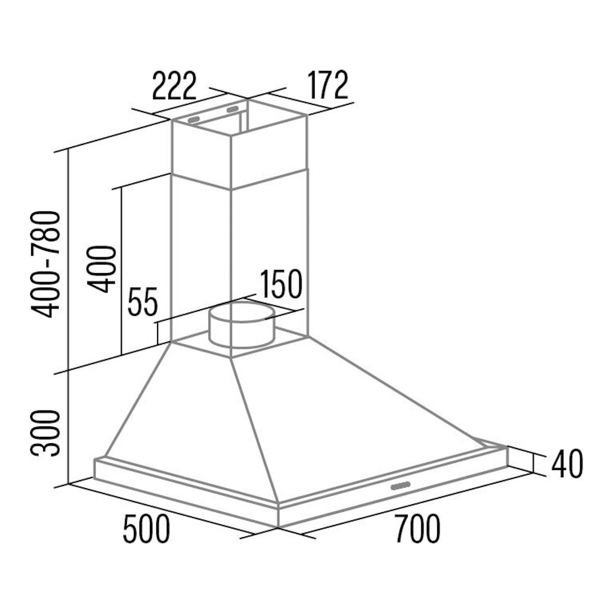 Dibujo técnico isométrico de campana Cata Beta PRO 7000BK negra de 70 cm, con medidas.