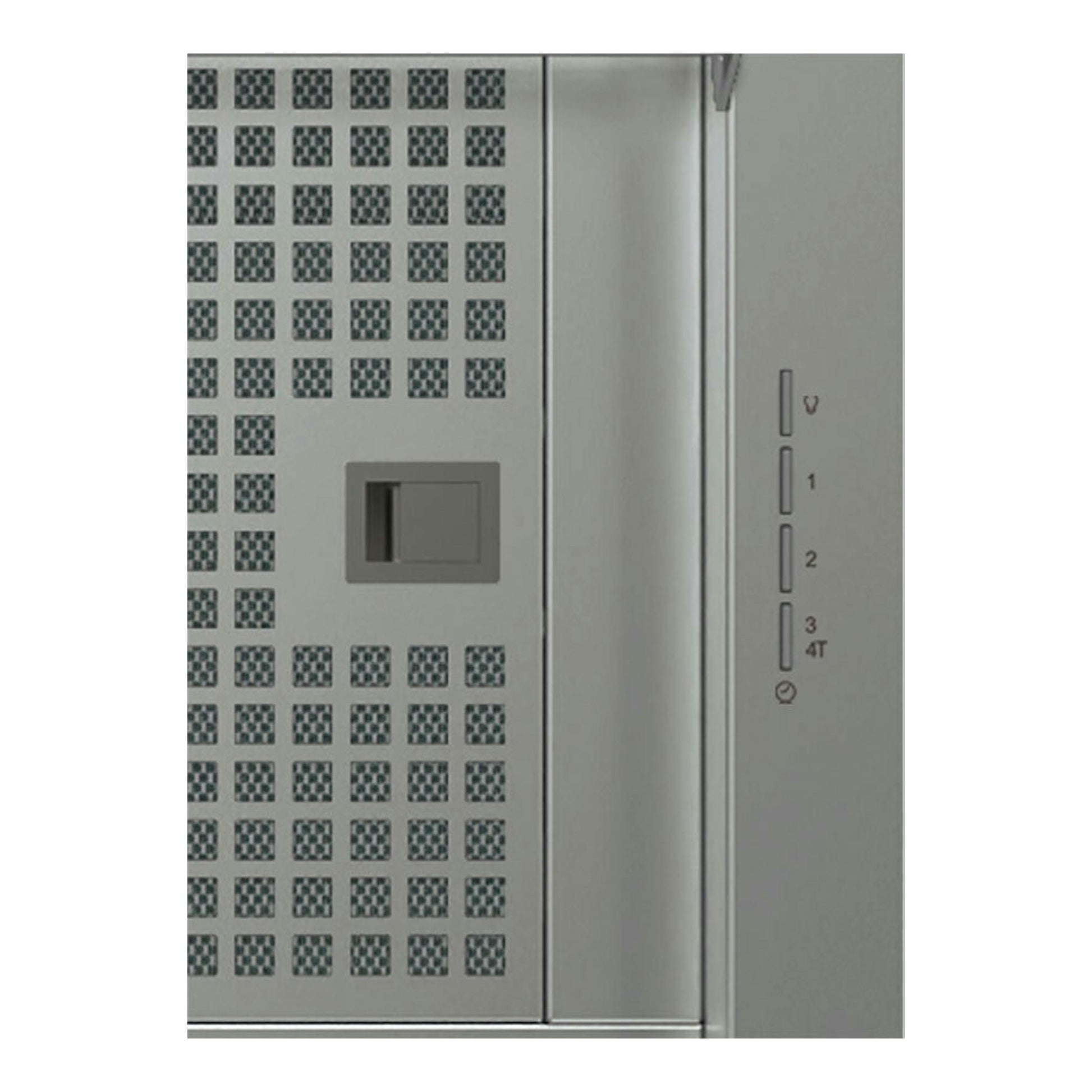 Campana extractora Cata CoronaX100B de acero inoxidable, vista frontal parcial con controles y filtro perforado.