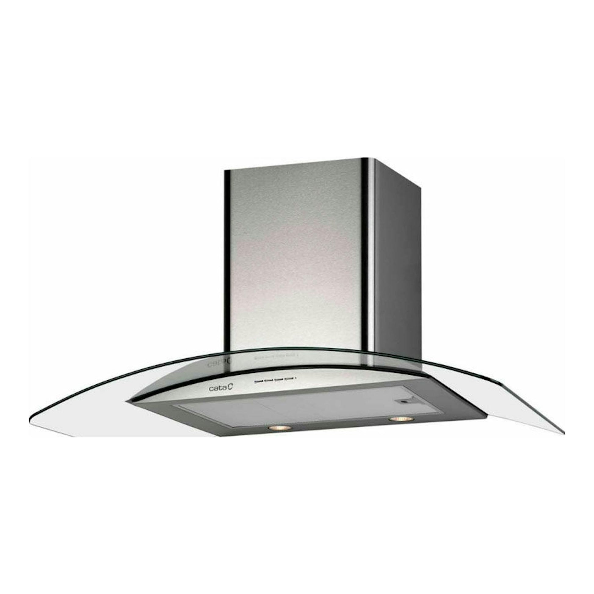 Campana decorativa Cata Gamma 600 Inox, vista frontal, acero inoxidable y cristal curvo.